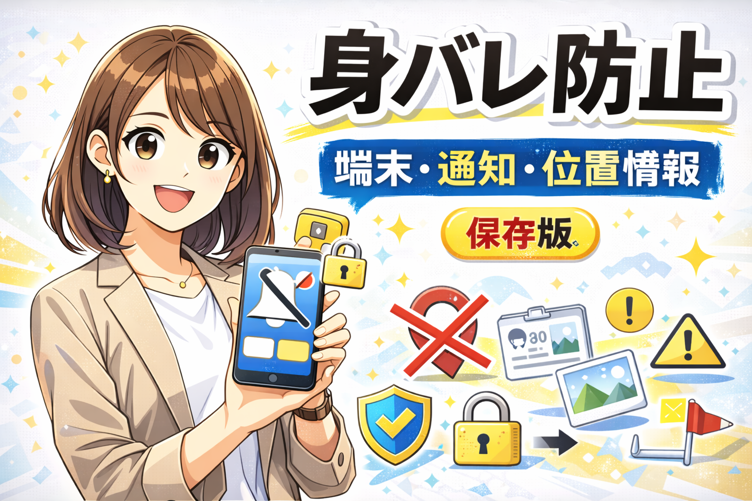 メールレディの身バレ防止（端末・通知・位置情報・写真）の基本を示したサムネイル