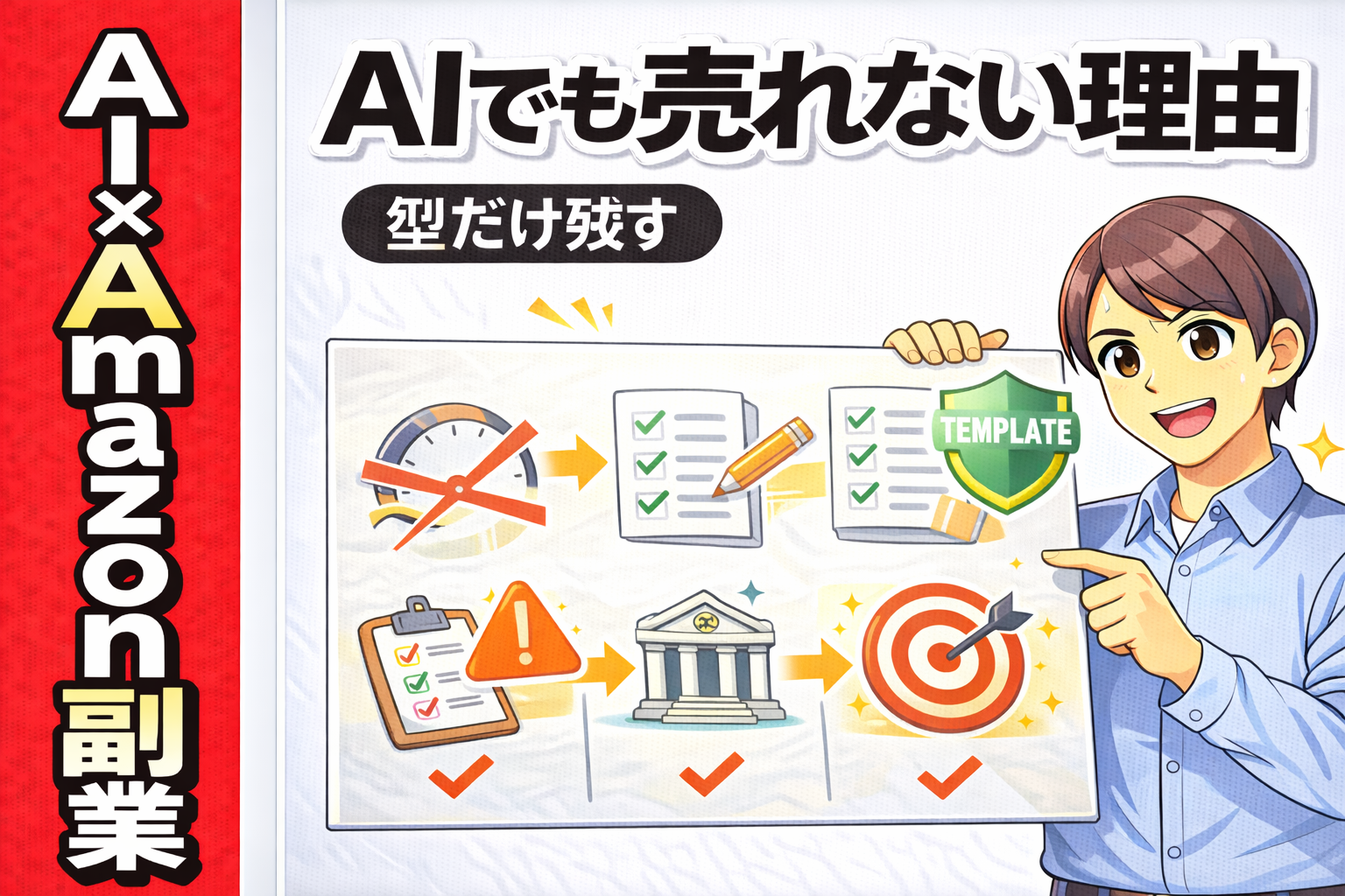 Amazonの商品説明をAIで作る際に、速さ優先だと売れない理由を示すサムネ画像。テンプレとチェックリストで「型だけ残す」運用を解説している。