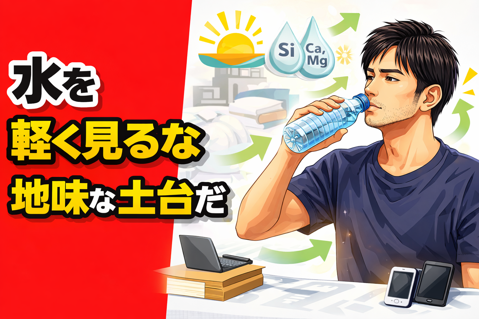 水を軽く見るな地味な土台だ｜副業を続けるために毎日の水分補給を意識する男性のイメージ