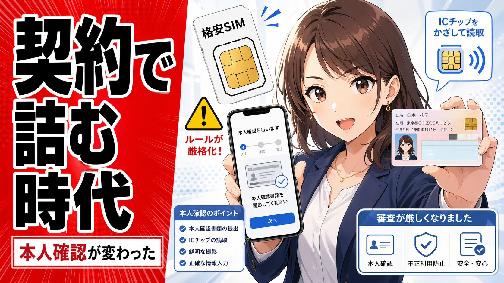 本人確認厳格化で格安SIM契約が難しくなる時代を表現した、スマホとICカード、SIMカードを並べたポップアニメ風サムネイル