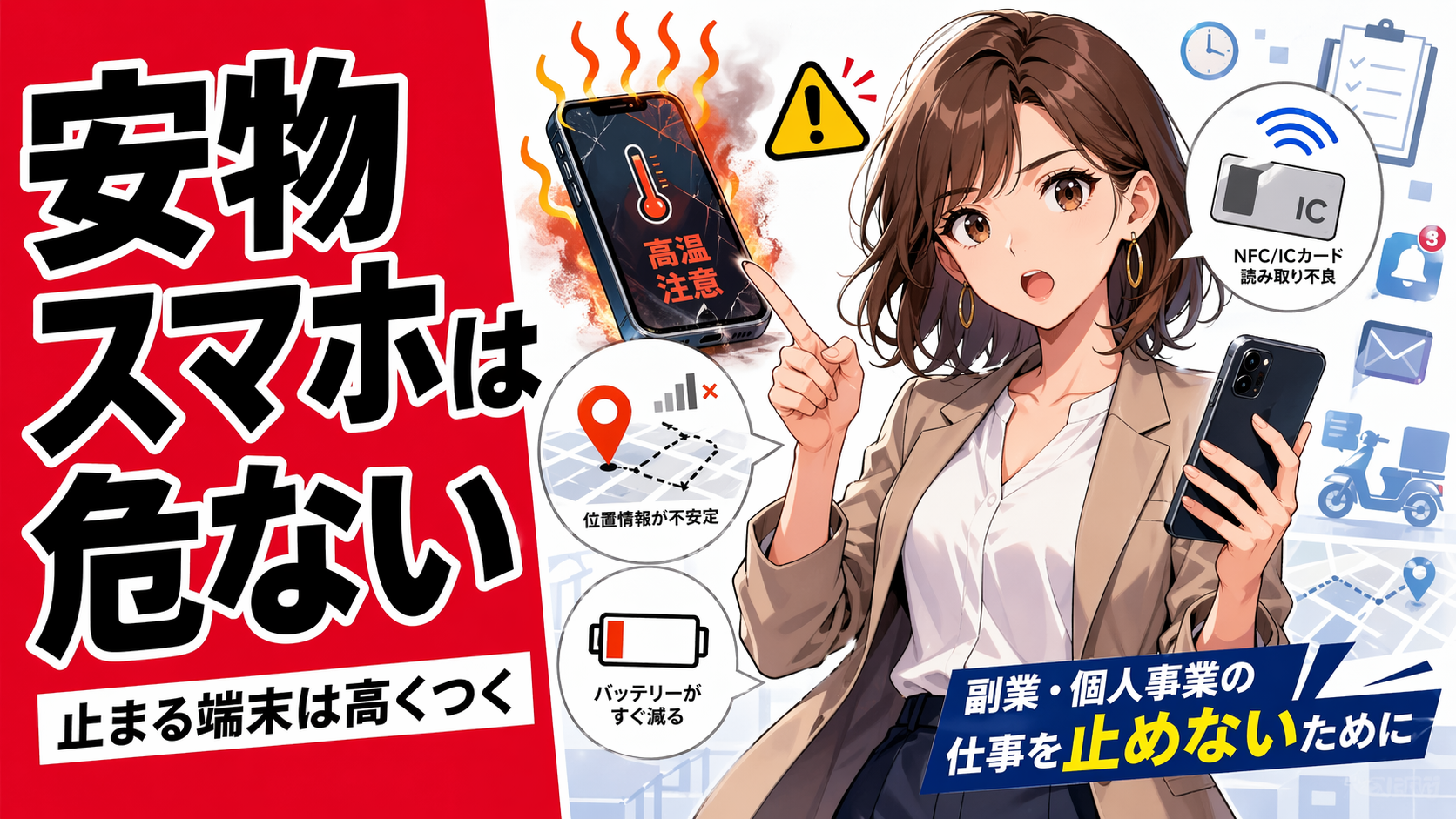 安価なスマホのNFC・GPS・発熱リスクが副業や個人事業の仕事停止につながることを表現した、警告アイコン付きのポップアニメ風サムネイル