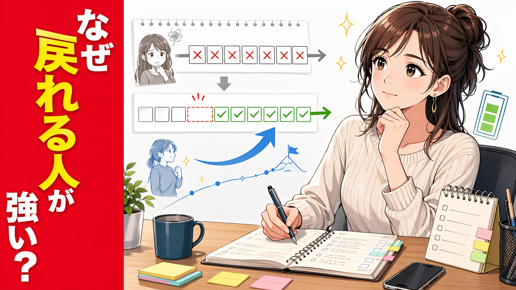 副業を少し休んだ後、ノートや予定表を見ながらまた再開しようと気持ちを整えている女性を描いたポップアニメ風サムネイル