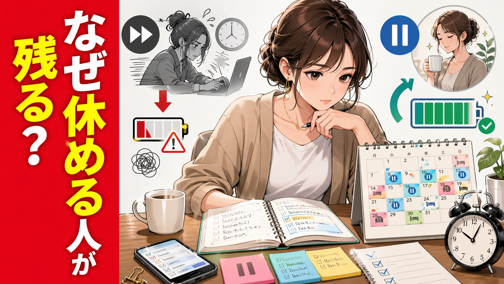 副業の予定と休息のバランスを見直しながら、無理なく続ける形を考えている女性を描いたポップアニメ風サムネイル