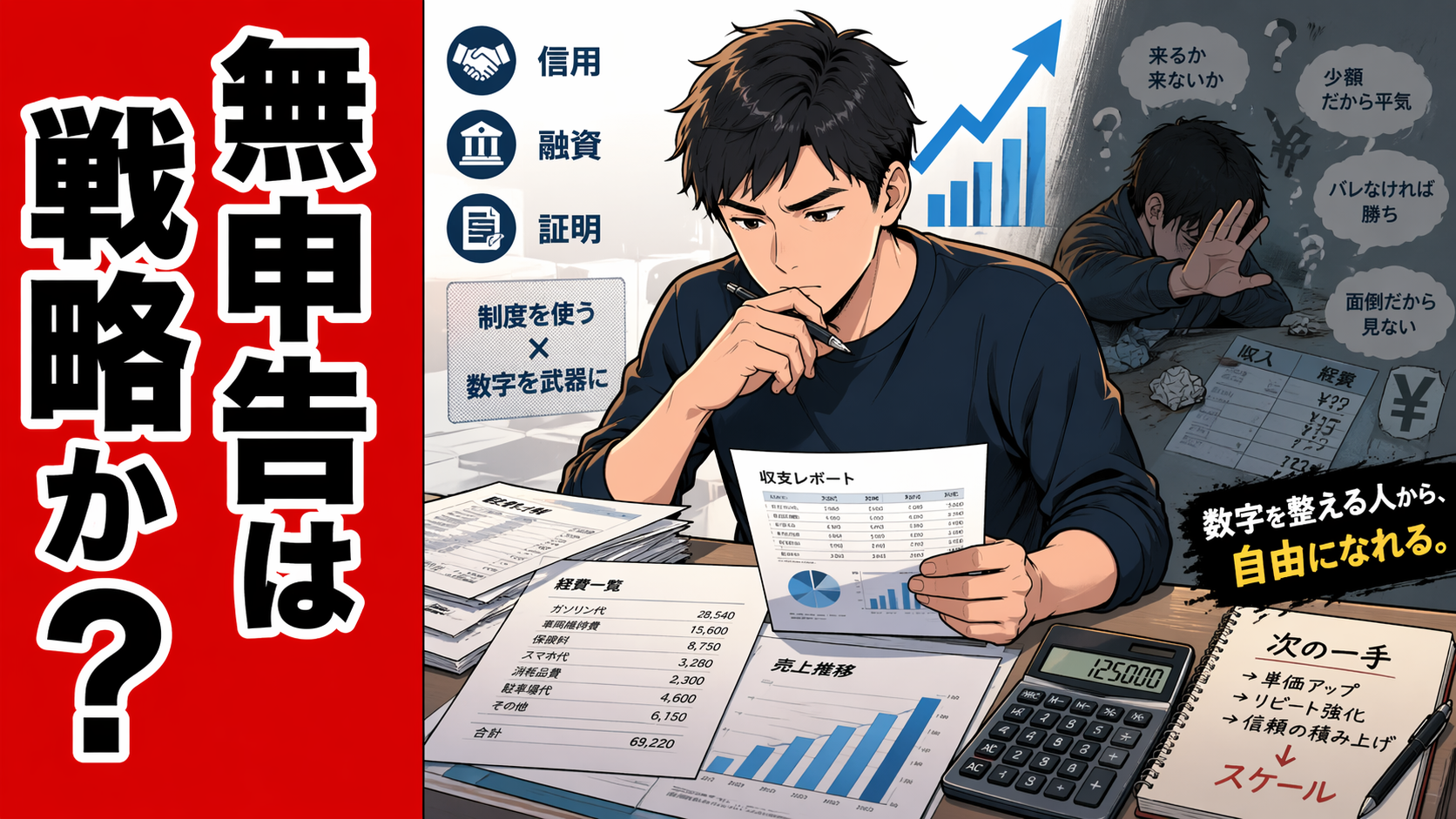 無申告は戦略かをテーマに、数字や帳簿と向き合う人物を描いたサムネイル画像