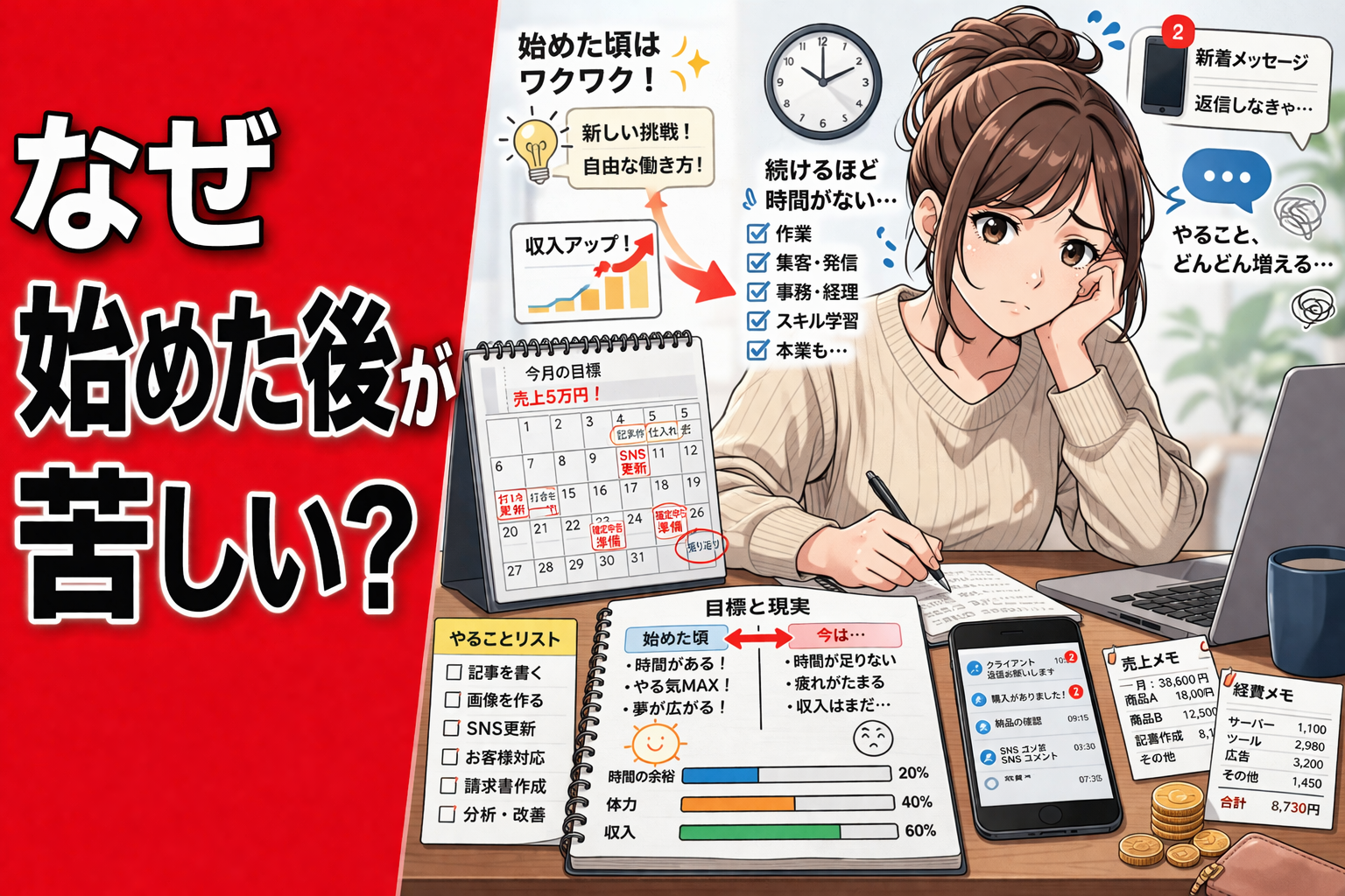 副業を始めた後の現実に向き合い、スケジュール帳と売上メモを見ながら考え込む女性を描いたポップアニメ風サムネイル