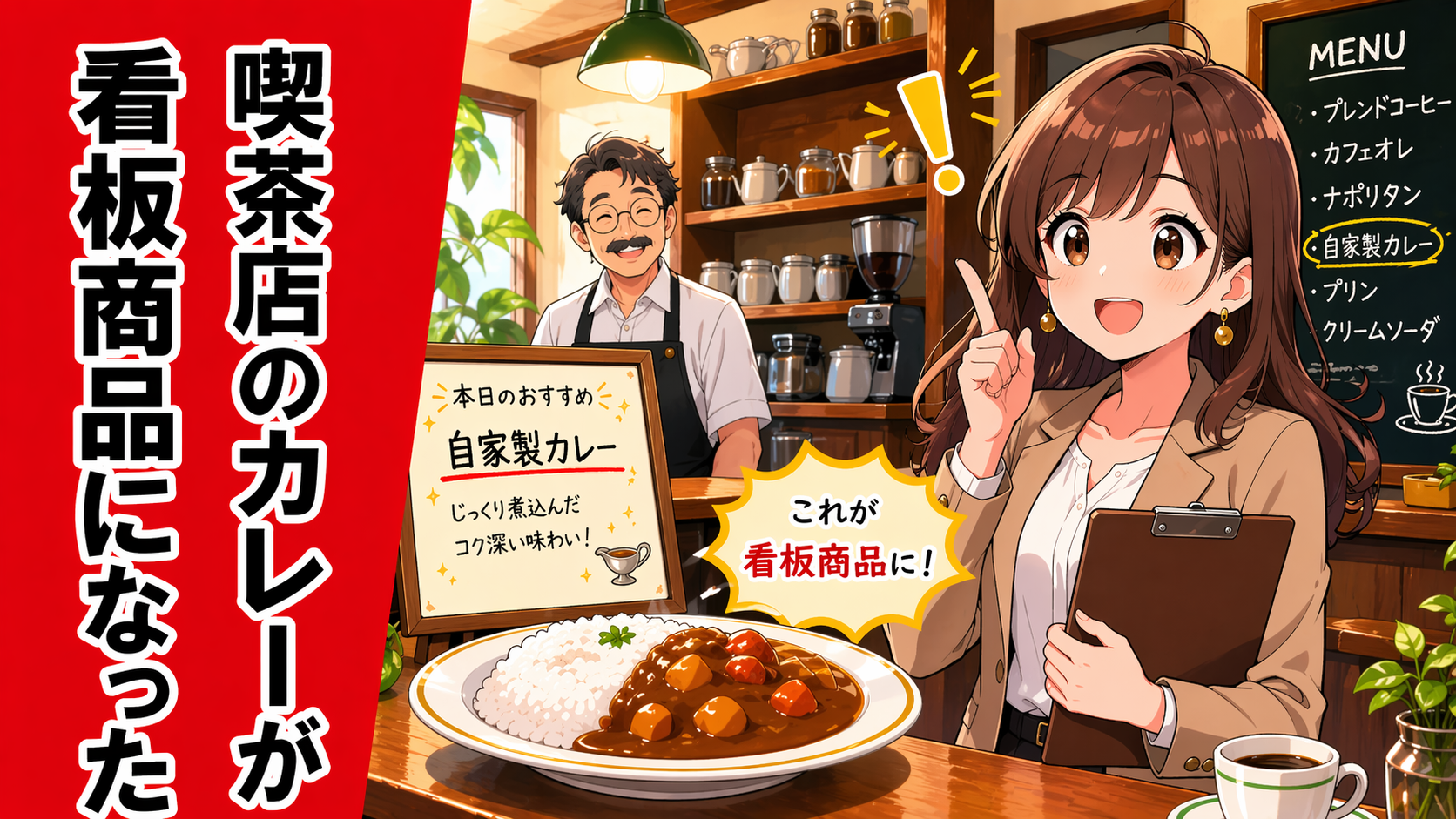 喫茶店のカレーが看板商品へ育つ流れを、創業前夜の商売教室として表現したポップアニメ調サムネイル