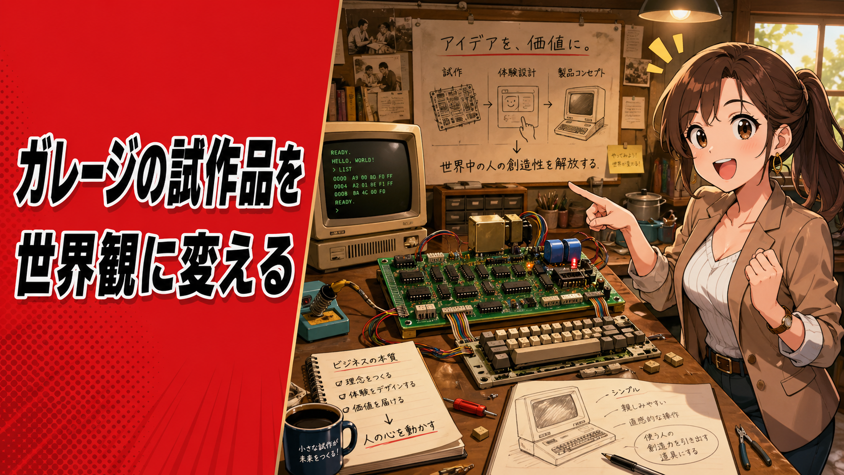 ガレージの試作品を世界観ある商品へ変える商売の作り方を表現した、ポップアニメ調のサムネイル