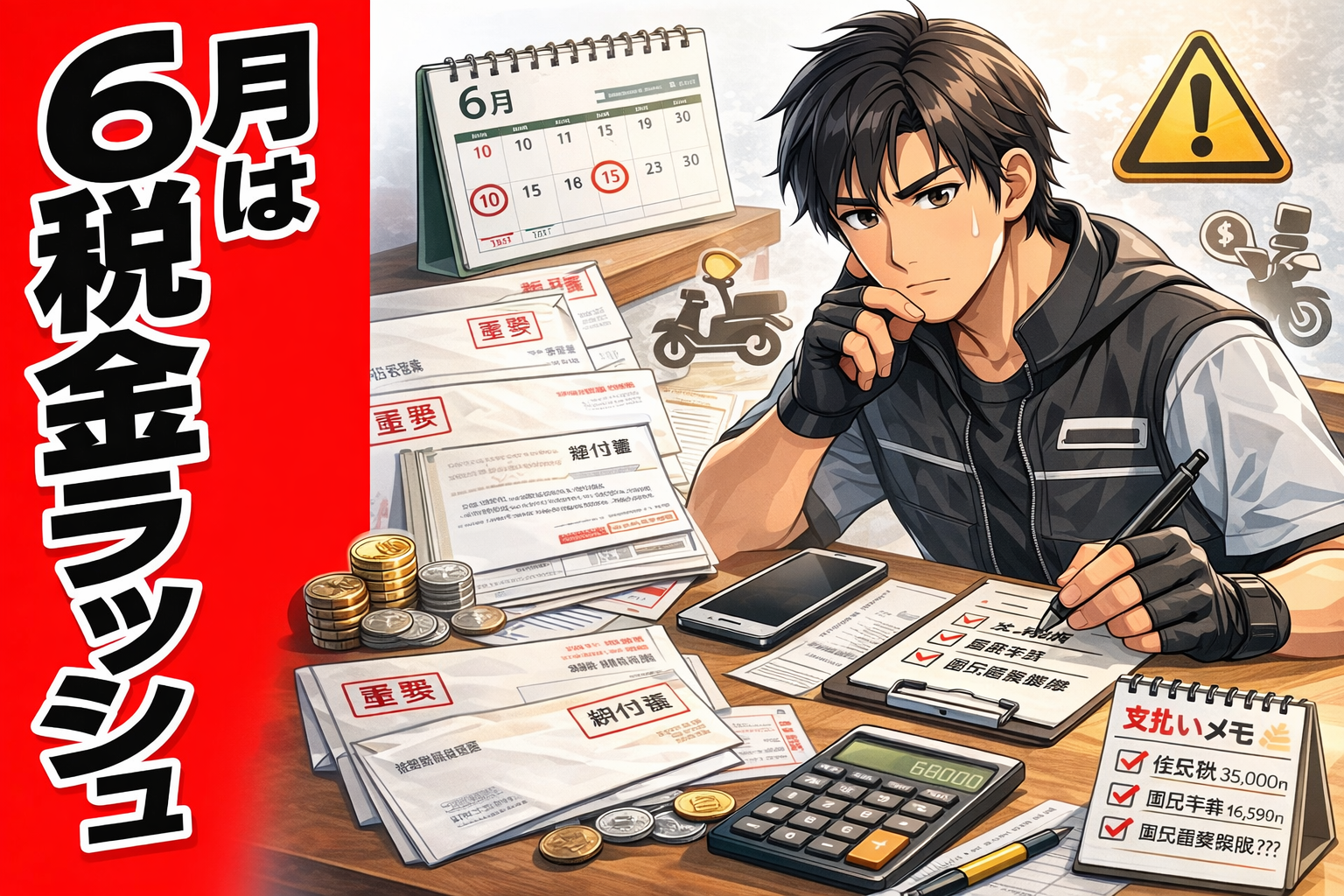 税金と保険料の通知書を前に資金繰りを考える配達員のイメージ