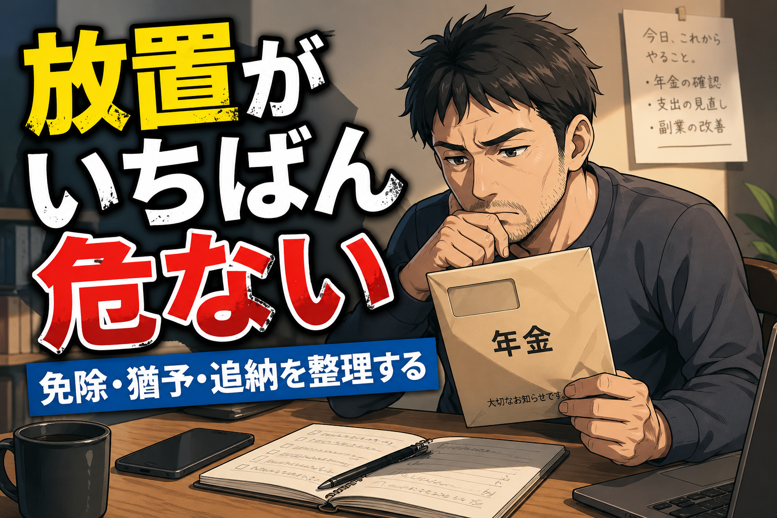 年金の封筒を前に、放置せず制度を確認しようとする40代男性のイメージ