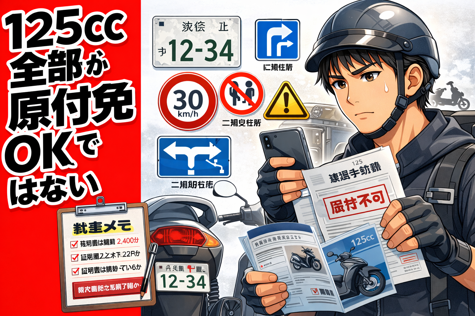 新基準原付の説明を見ながら原付と書類を確認する配達員のイメージ