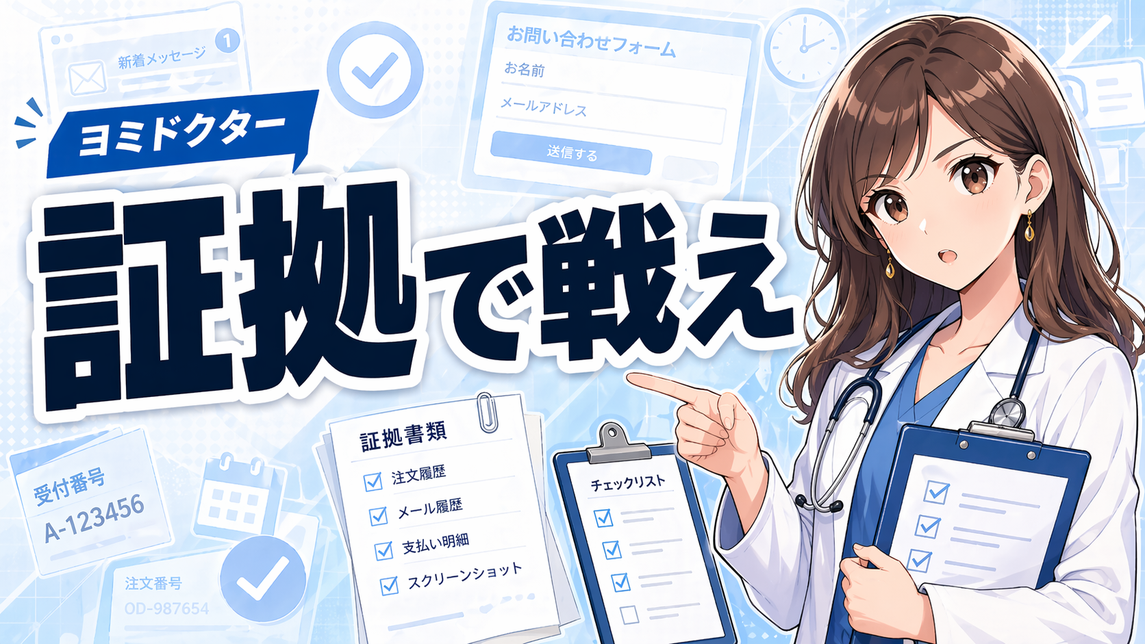 ヨミドクターが問い合わせに必要な証拠書類やチェックリストを指し示し、「証拠で戦え」と大きく表示したポップアニメ調のブログサムネイル