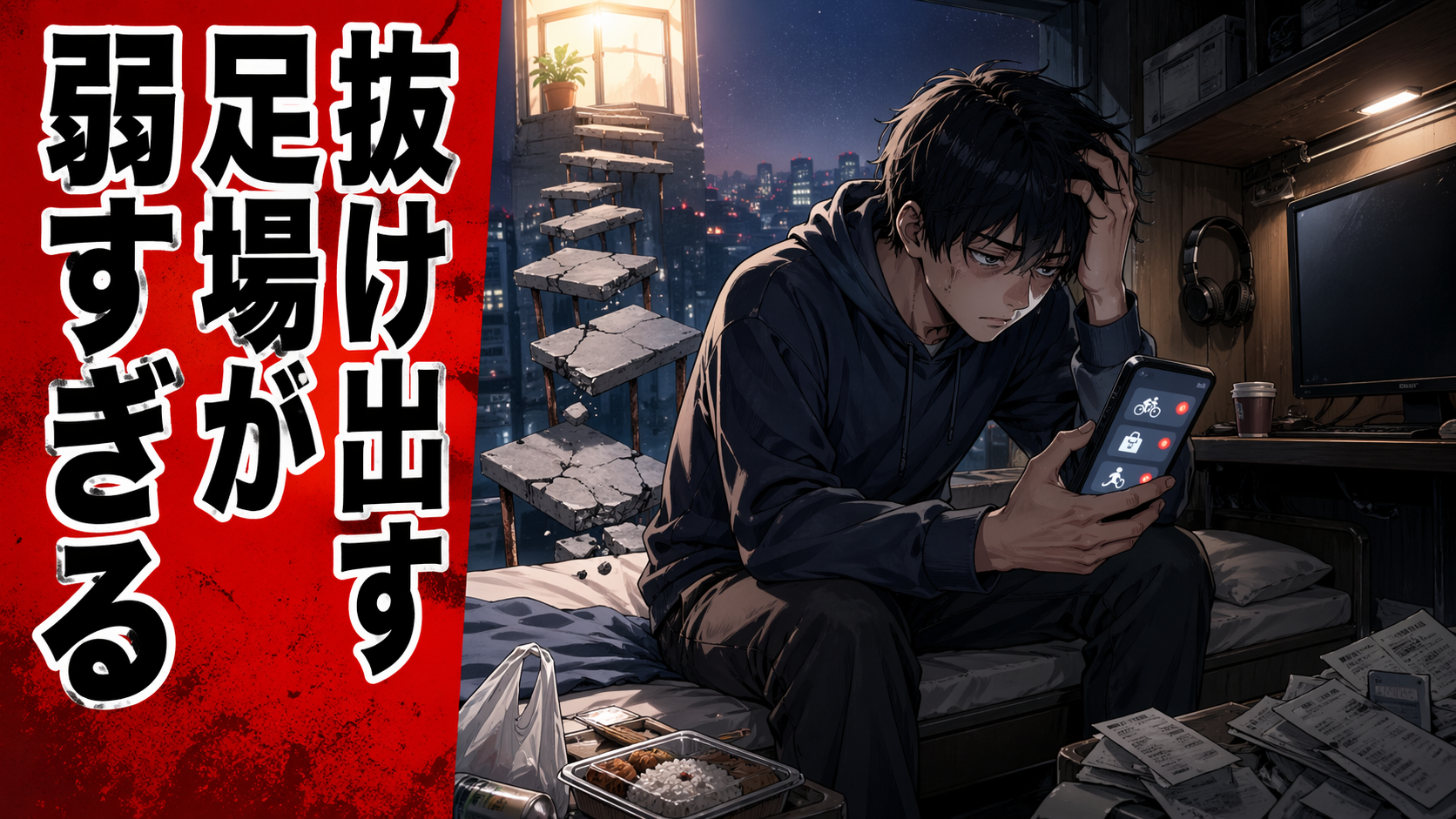 『抜け出す足場が弱すぎる』という大きな文字と、ネットカフェのような狭い部屋でスマホを見つめながら疲れ切った表情で座る若者を描いた、令和の貧困と不安定就労を表現するポップアニメ風サムネイル