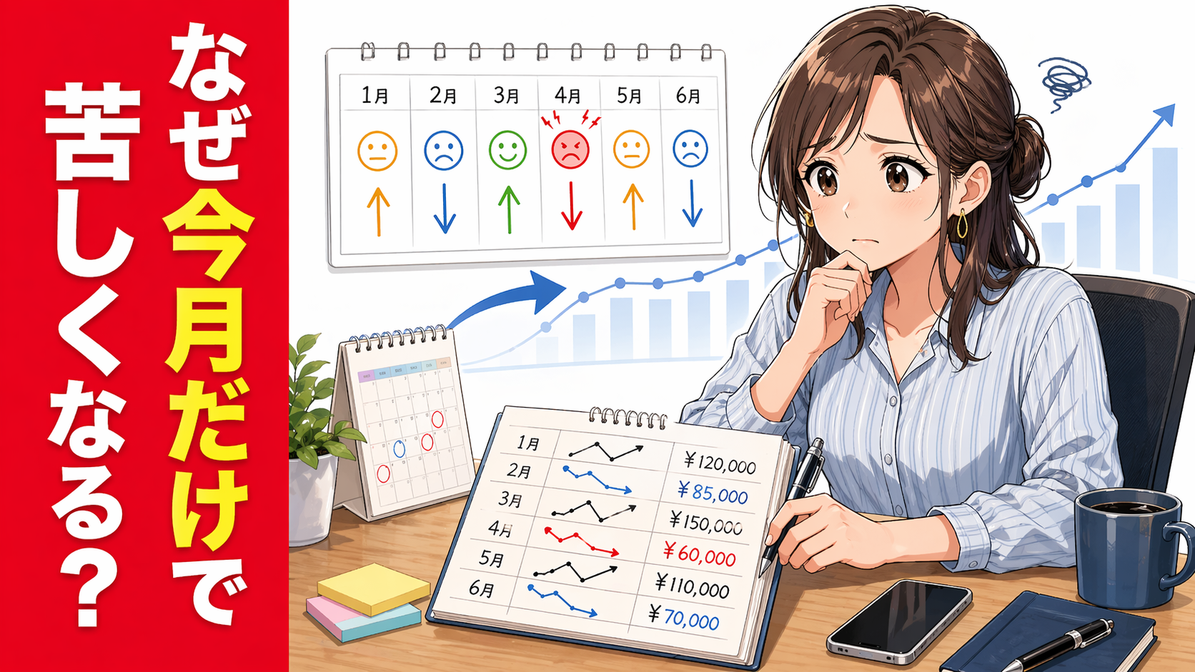 副業の月間売上メモを見て落ち込みつつ、長い目で見る必要に気づき始めている女性を描いたポップアニメ風サムネイル