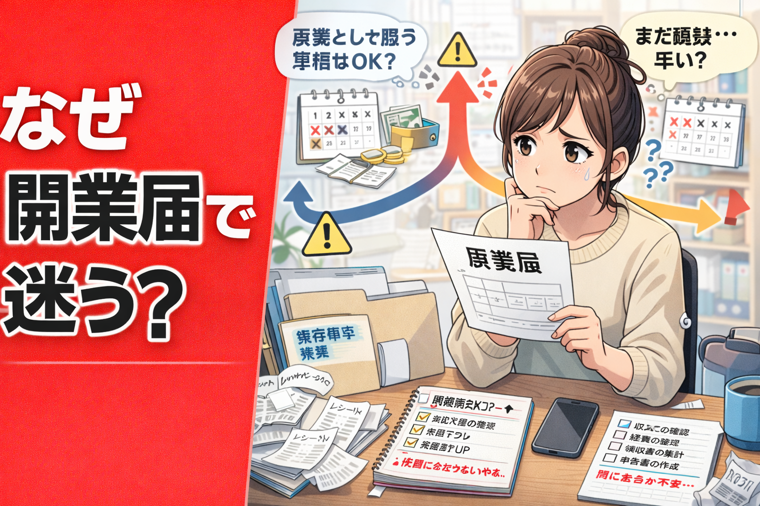 開業届の書類を前にして、出すべきかまだ早いのか悩む女性を描いたポップアニメ風サムネイル