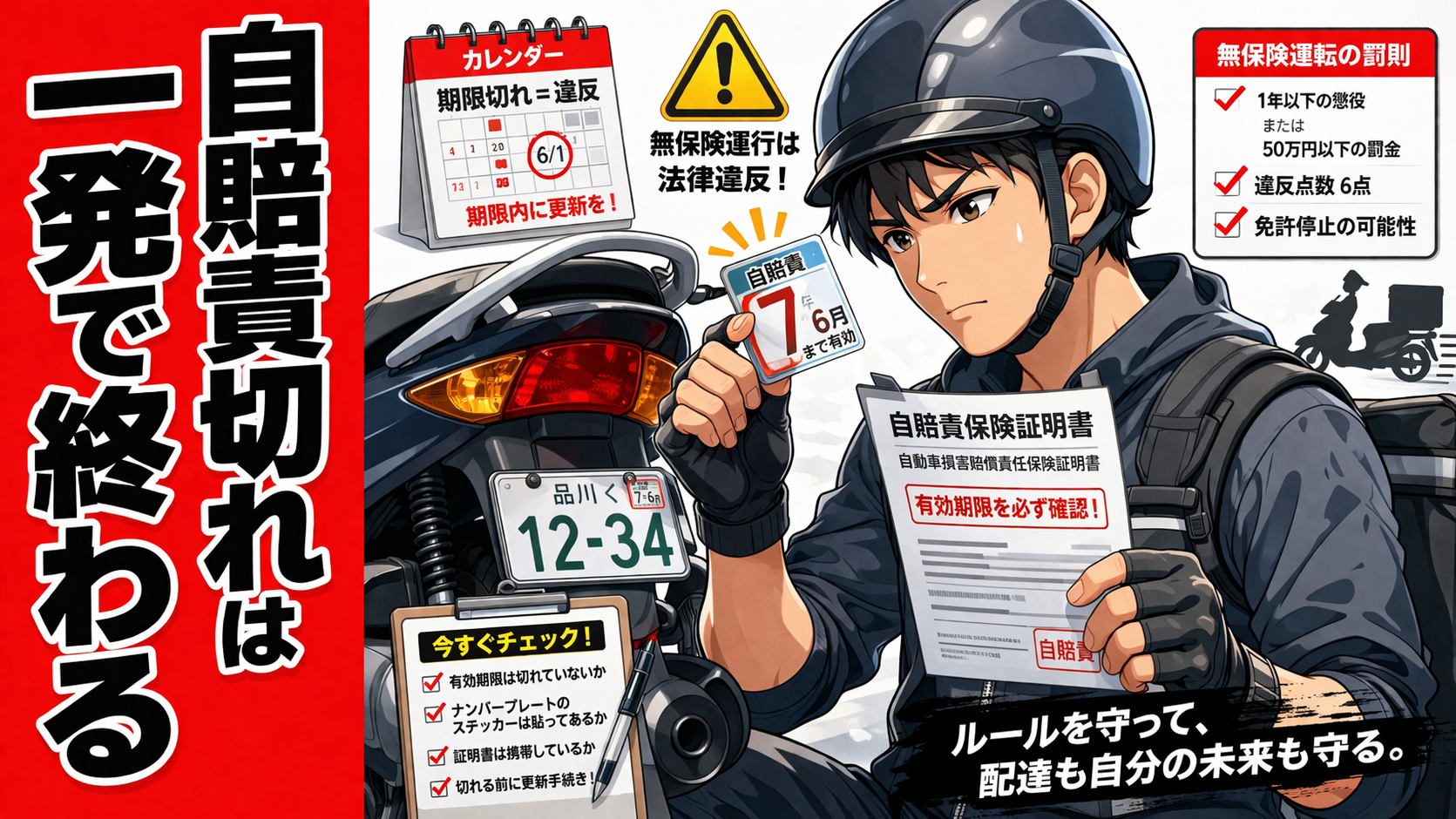 原付のナンバープレートの自賠責ステッカーと保険証明書を確認する配達員のイメージ