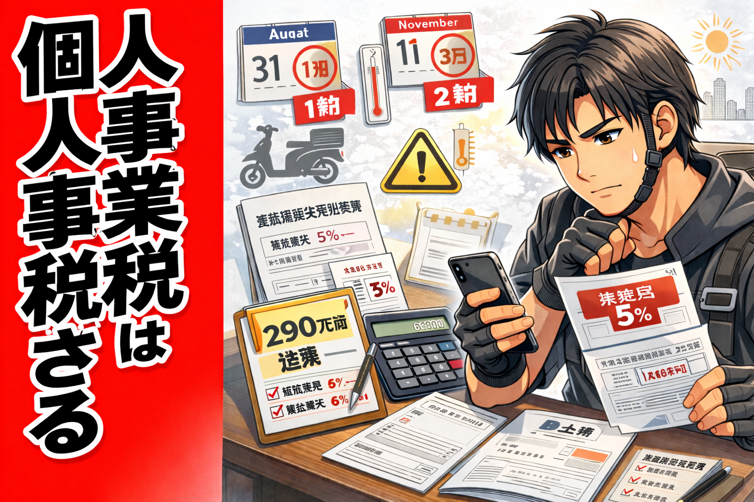 個人事業税の通知と売上メモを見ながら支払いを考える配達員のイメージ