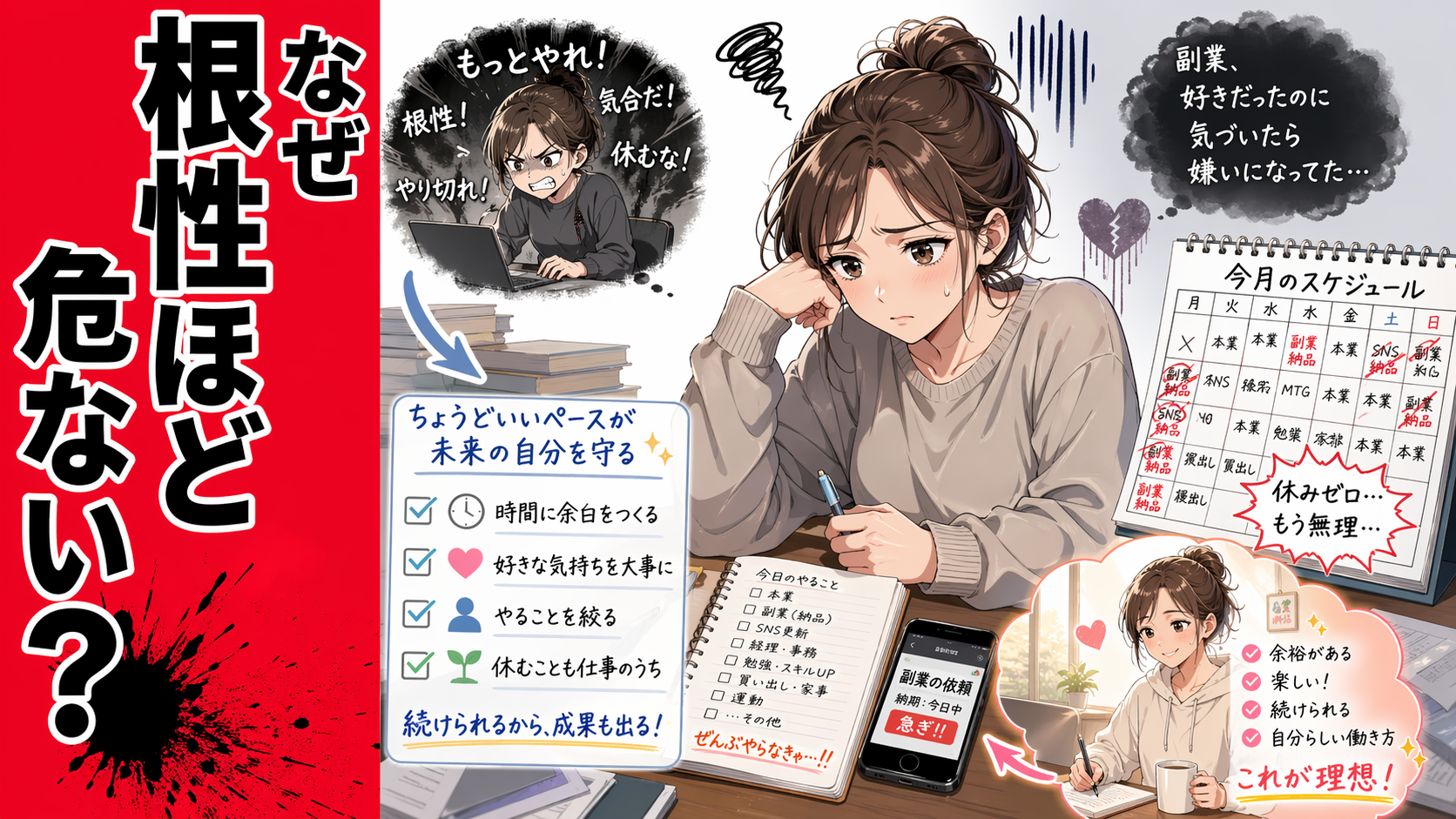 副業のノートや予定表を前にして、頑張り続けた反動で気持ちが離れかけている自分に気づく女性を描いたポップアニメ風サムネイル