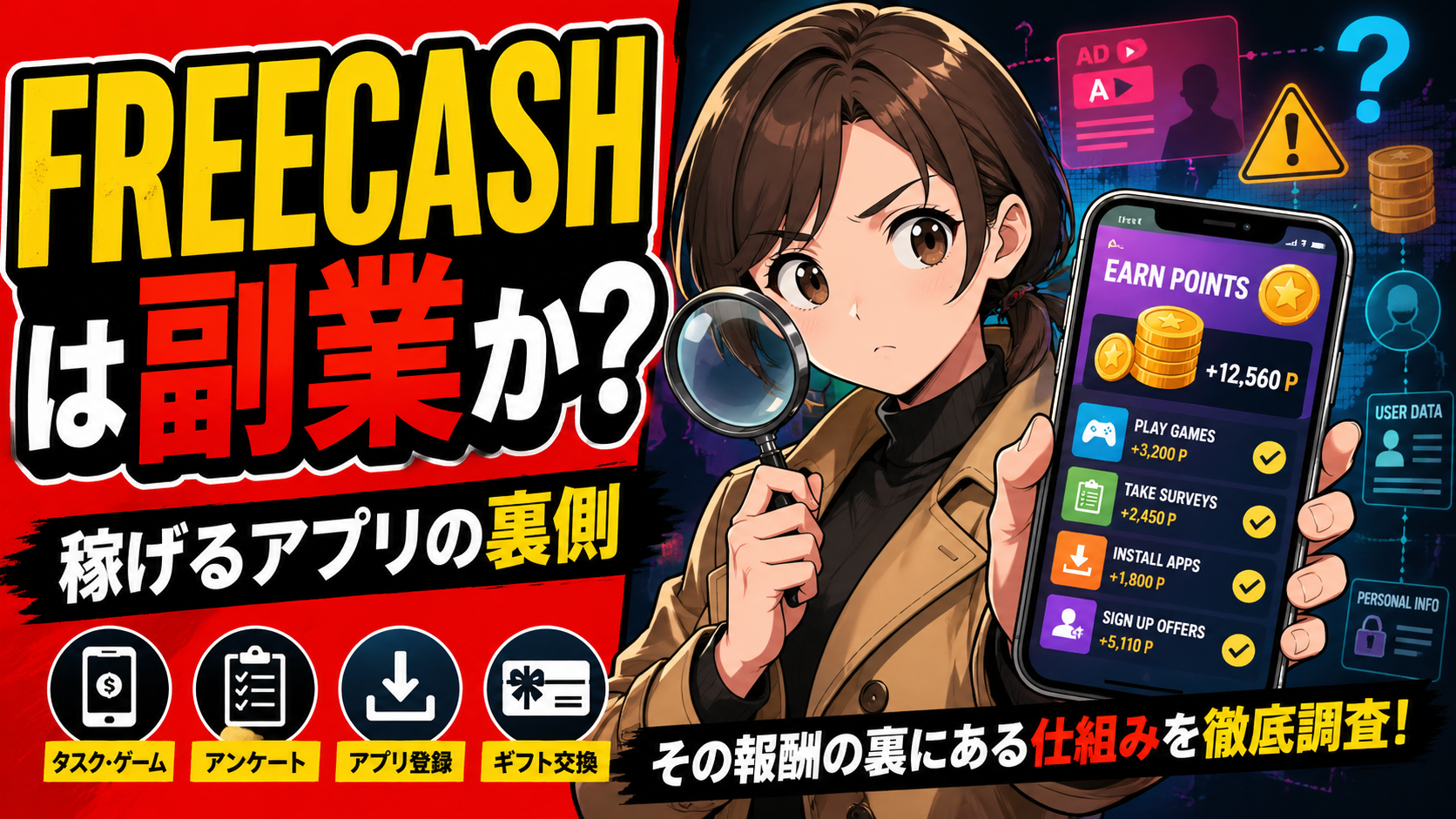 スマホの稼げるアプリ広告を前に、虫眼鏡を持った女性調査員がFreecashの仕組みを調べている副業研究所のアイキャッチ画像