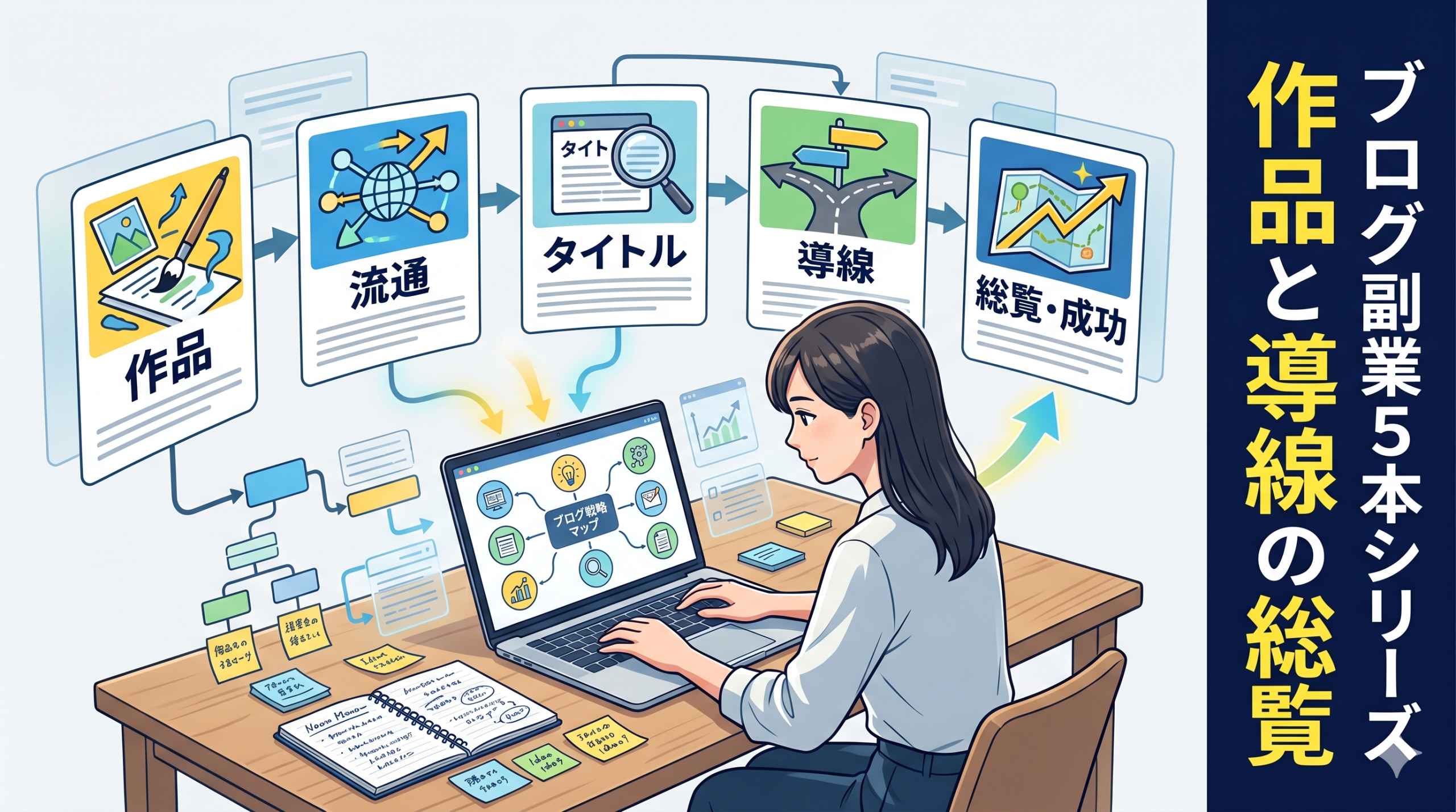 ノートPCの周囲に5本の記事カードが並び、作品、導線、タイトル、回遊設計が一本の地図としてつながる副業ブログ総覧ハブ記事のサムネイル