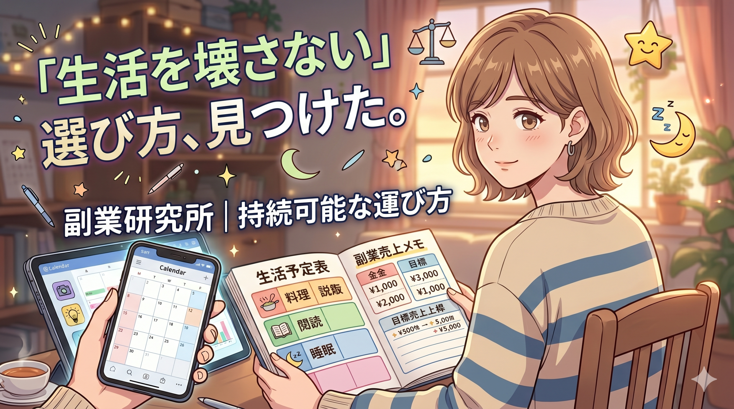 副業の売上メモと生活の予定表を見比べながら、稼ぎより生活を壊さない運び方を考える女性を描いたポップアニメ風サムネイル
