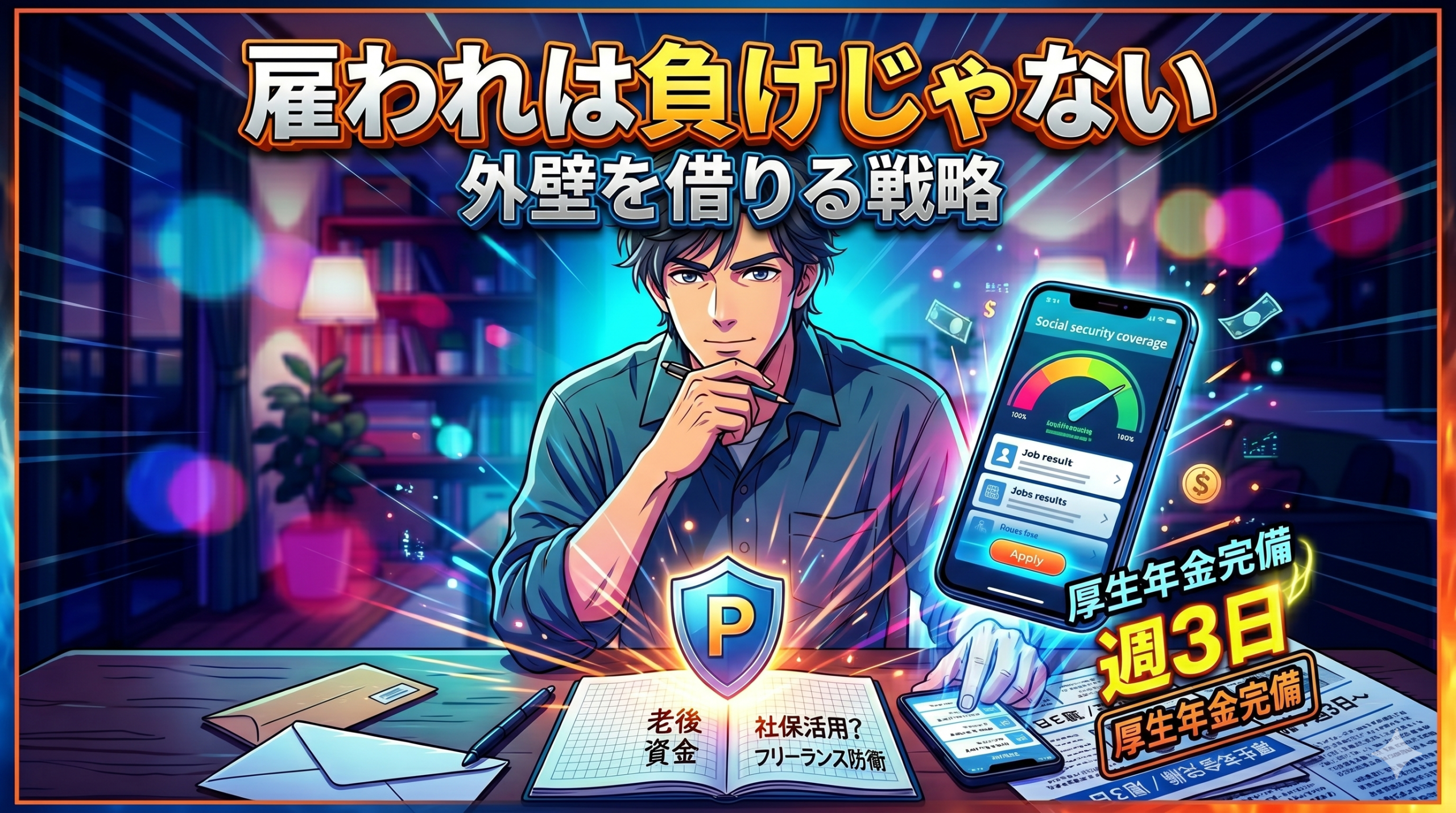 求人票やスマホを見ながら、社保つき現場という選択肢を考える40代男性のイメージ