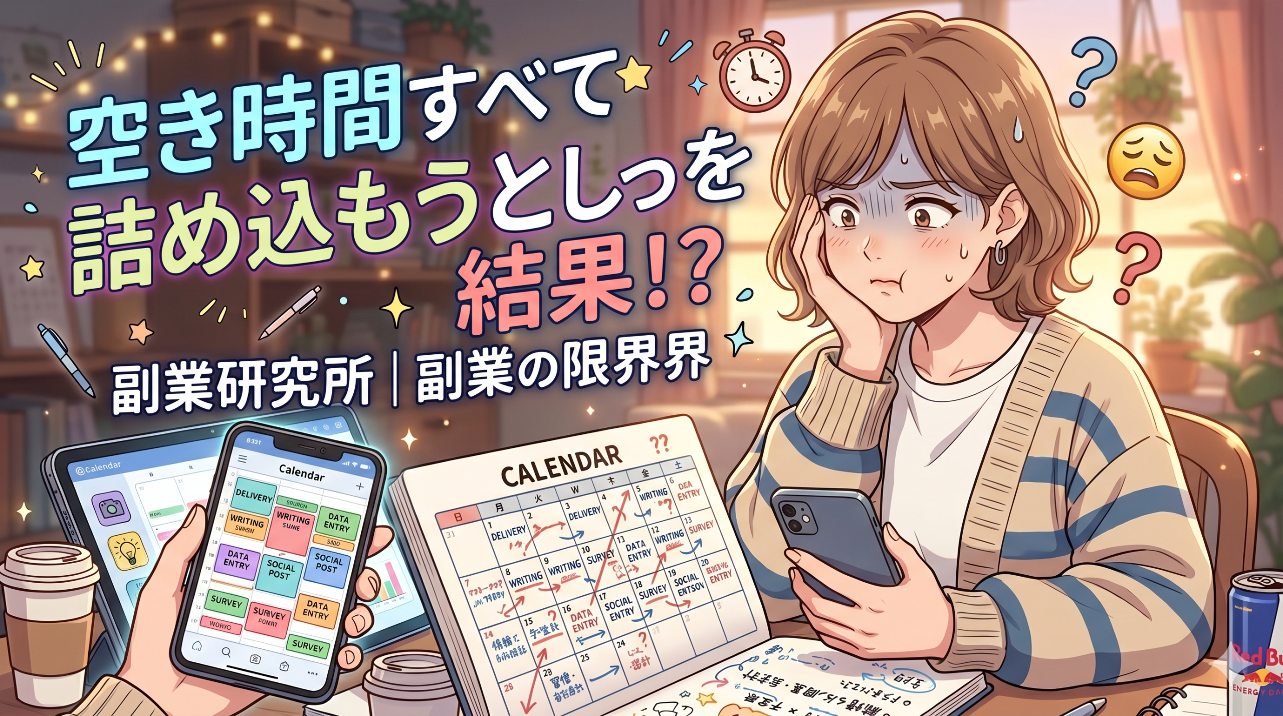 空いた時間に副業を詰め込もうとして、予定表とスマホを見ながら困った表情で考え込む女性を描いたポップアニメ風サムネイル