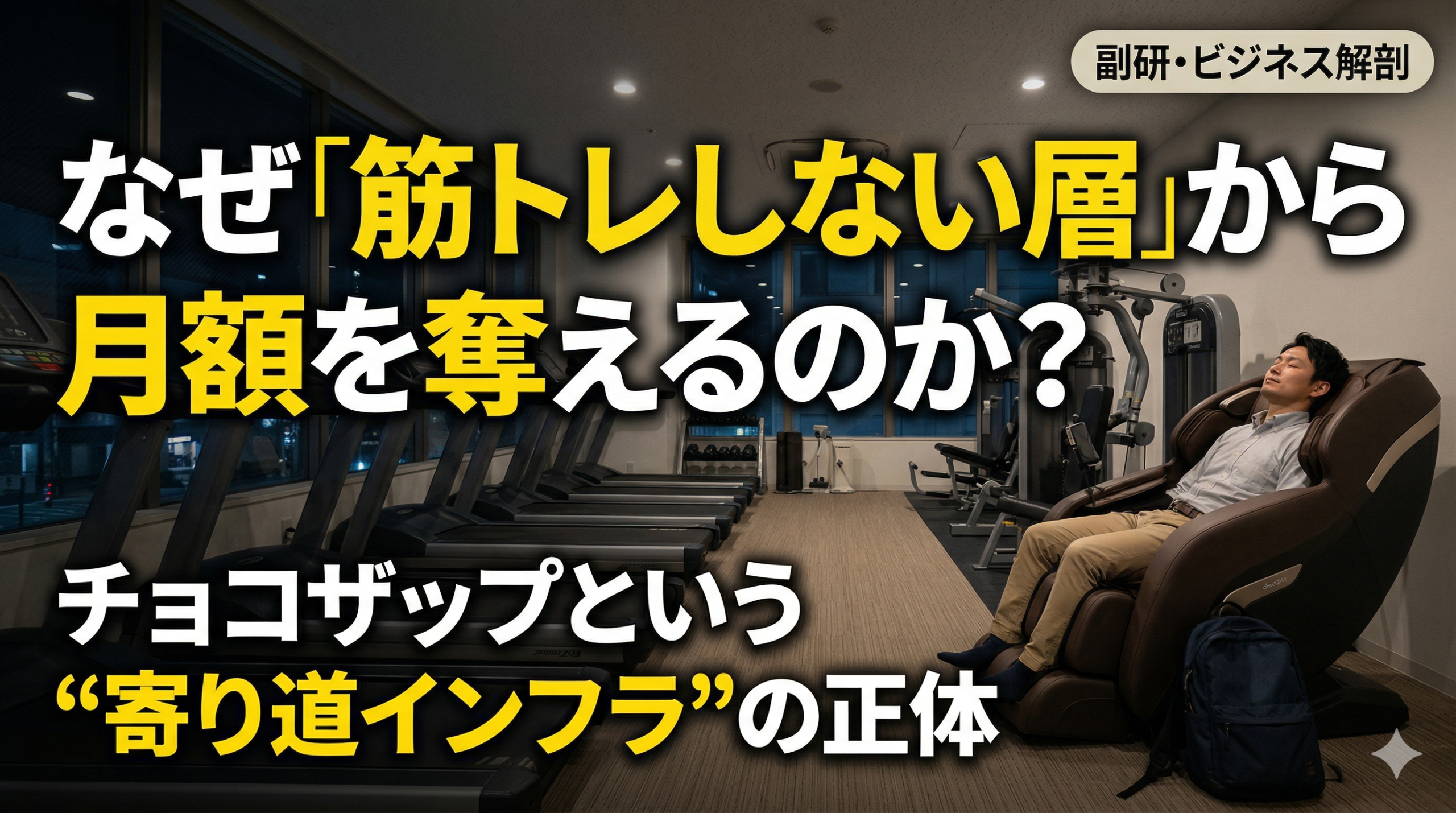 深夜の静かなチョコザップ空間で、マッサージチェアとトレーニングマシンが並ぶイメージ