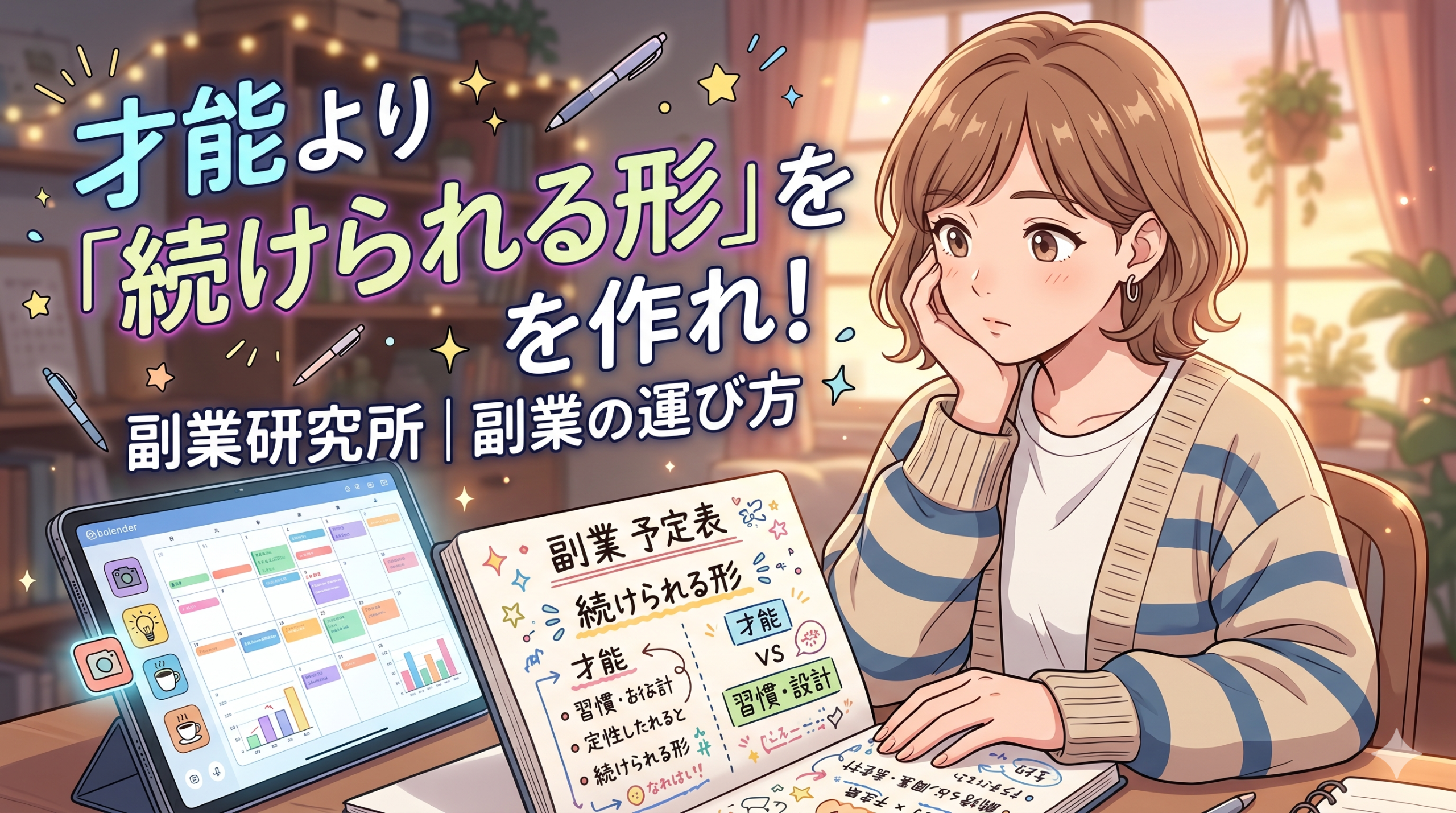 副業の予定表やメモを見ながら、才能より続けられる形をどう作るか考えている女性を描いたポップアニメ風サムネイル