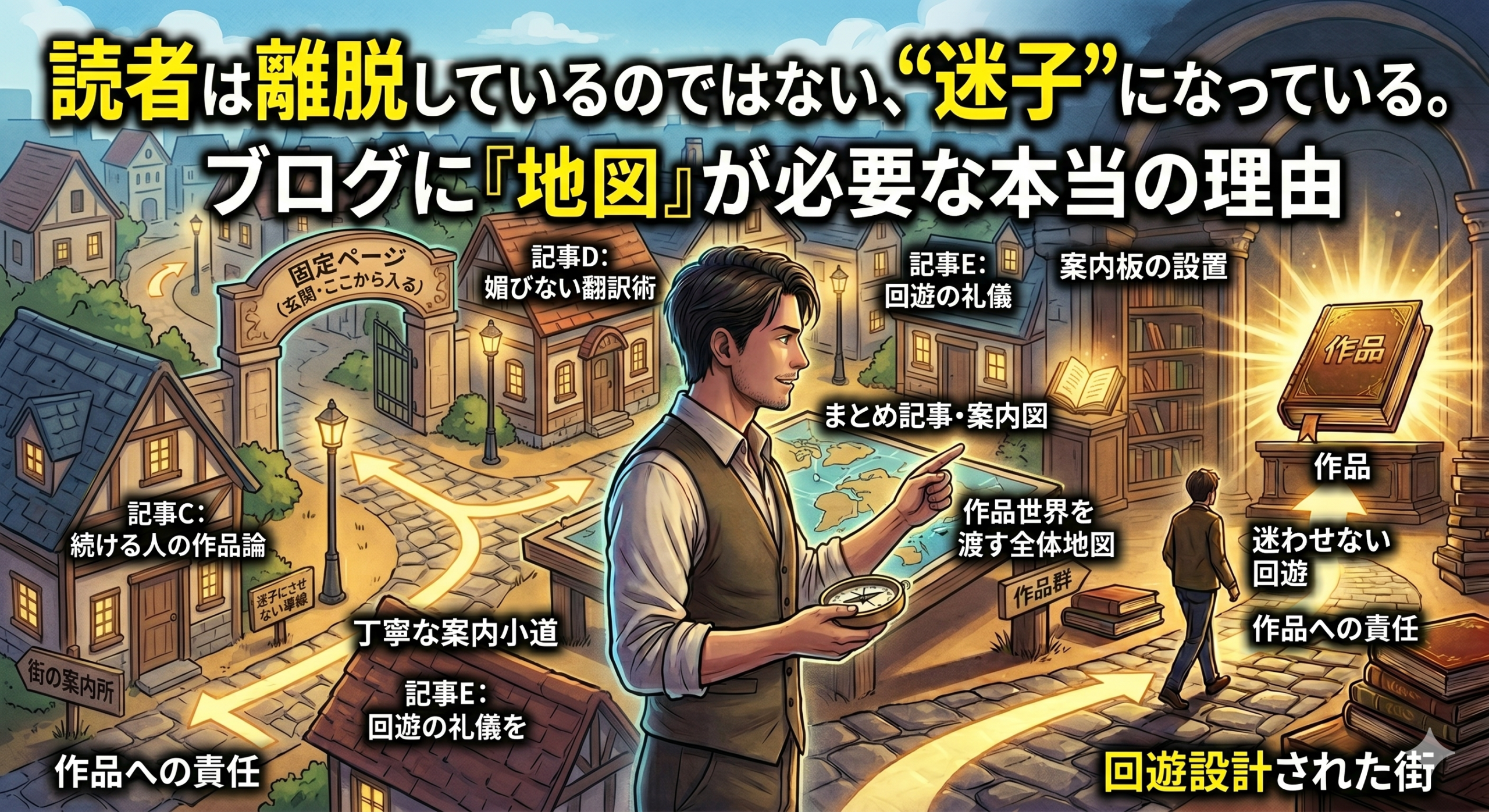 「読者は離脱しているのではない、“迷子”になっている。ブログに『地図』が必要な本当の理由」というタイトルロゴを上部に配置。中央にはブログの街を俯瞰する建築家風の男性。ブログの各記事を一軒一軒の「家」に見立て、固定ページを「街の玄関口（門）」、まとめ記事を「広場の地図」として描いている。暗い迷路のような混沌から、整理された街灯付きの小道が光り輝く「作品」へと読者を導く様子を表現した、温かみのある3D風イラスト。