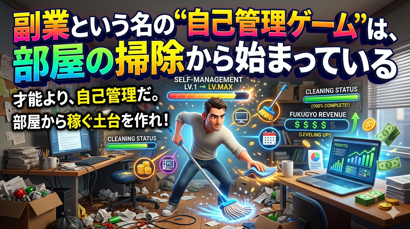 散らかった部屋を掃除し、副業で稼ぐ土台を作っていく男性を描いたゲーム風の3Dイラスト。「副業という名の“自己管理ゲーム”は、部屋の掃除から始まっている」というタイトル文字と、収益や自己管理レベルが上がる様子を示すステータスバーが配置されている。