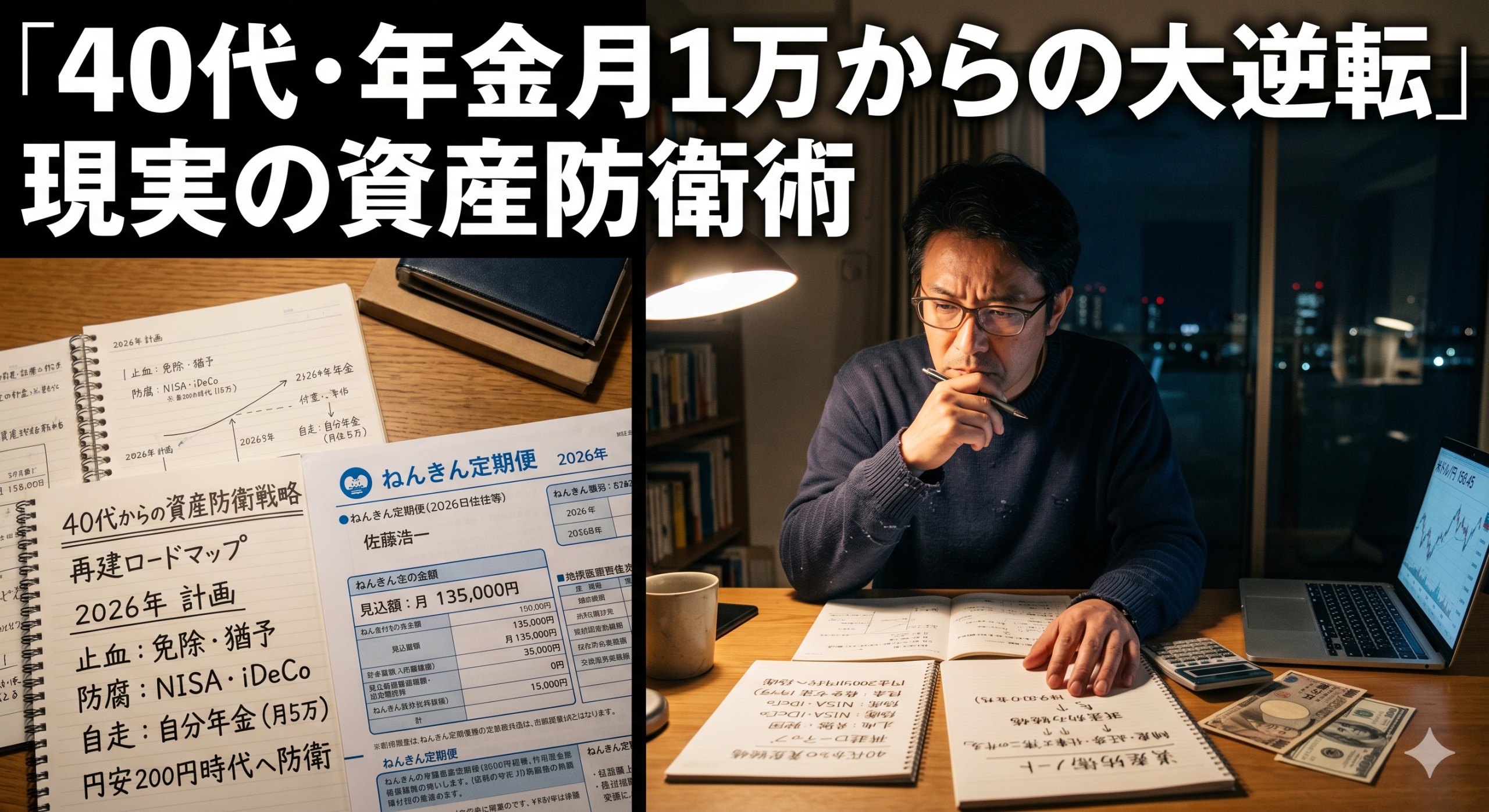 年金の通知やノートを机に広げ、40代からの資産防衛を考える男性のイメージ