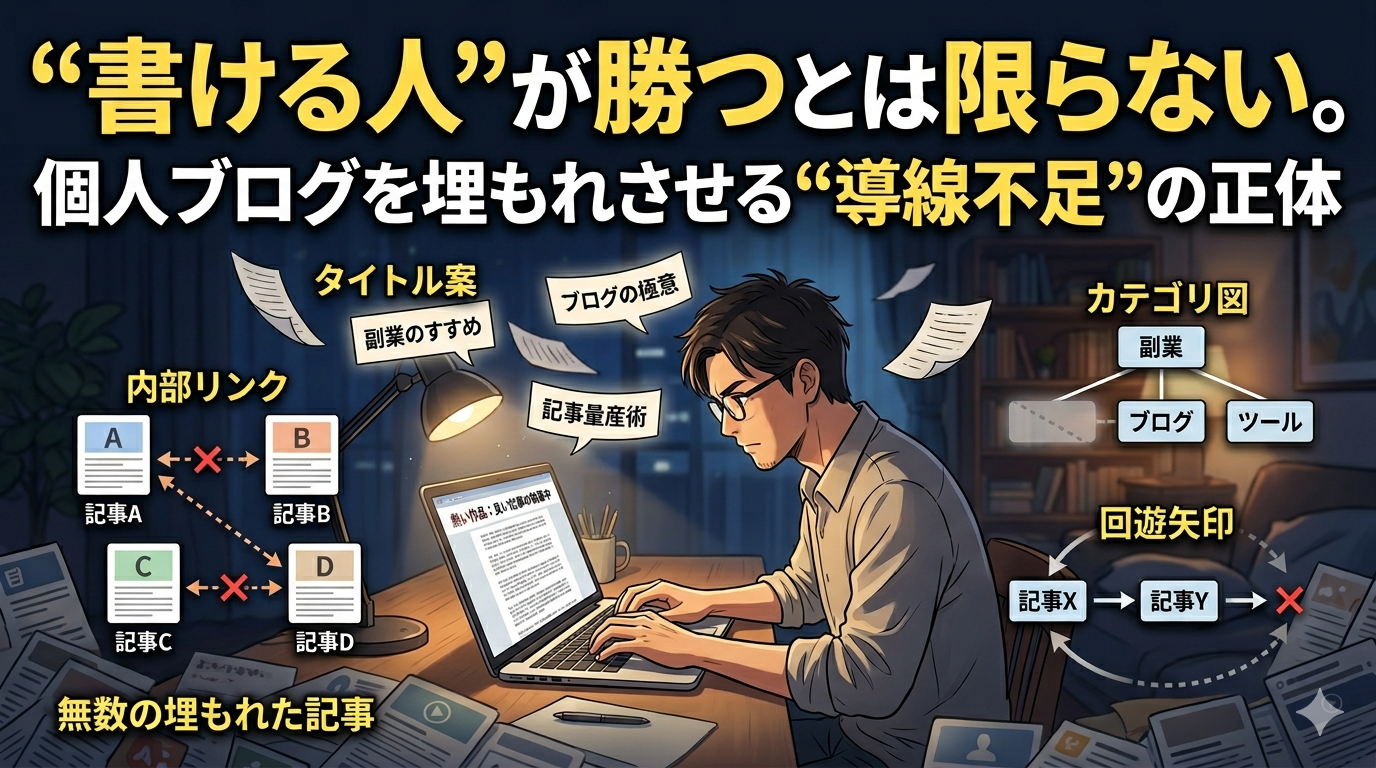 ノートPCで記事を書く人物の周囲に、タイトル案、内部リンク、カテゴリ図、回遊矢印が配置され、良い記事でも導線不足で埋もれる個人ブログを表現したサムネイル