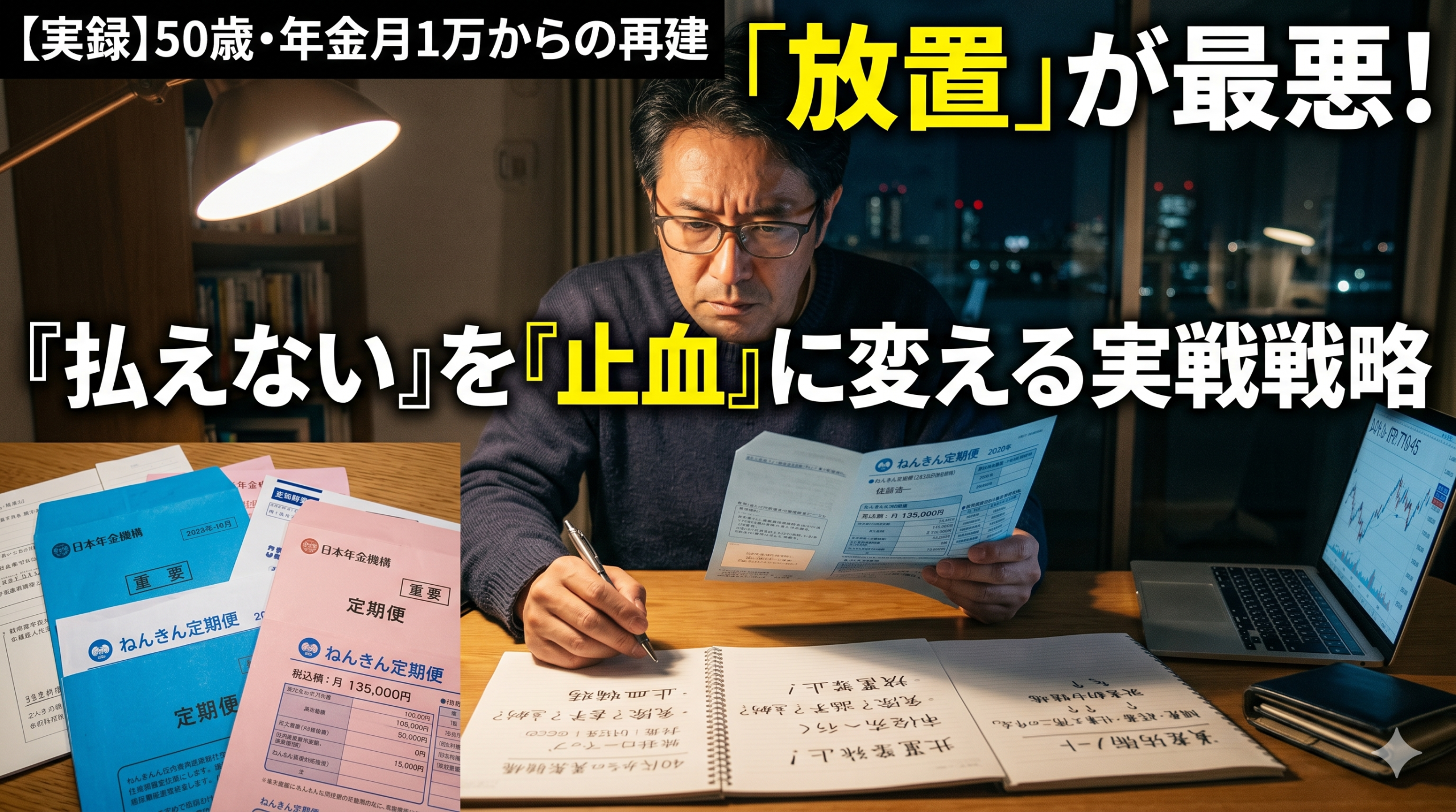 年金の封筒を前に、放置せず制度を確認しようとする40代男性のイメージ