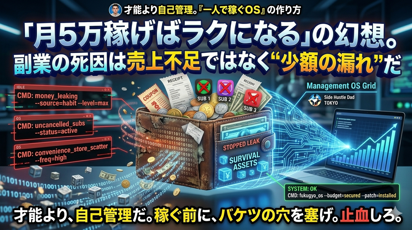 才能より自己管理。『一人で稼ぐOS』の作り方シリーズ。サムネイルイラスト。メインタイトル「『月5万稼げばラクになる』の幻想。副業の死因は売上不足ではなく“少額の漏れ”だ」。ボロボロの革財布からお金（コインや紙幣）が大量に漏れ出し、左側に赤い警告テキストボックスで「CMD: money_leaking --source=habit --level=max」、「CMD: uncancelled_subs --status=active」、「CMD: convenience_store_scatter --freq=high」というエラーコマンドが表示されている。右側では、青いデジタルグリッドのシールド（Management OS Grid）が財布を包み込み、漏れを止めて「STOPPED LEAK」、「SURVIVAL ASSETS」と表示している。右下には緑色の成功テキストボックスで「SYSTEM: OK」、「CMD: fukugyo_os --budget=secured --patch=installed」と表示されている。最下部には強烈なキャッチコピー「才能より、自己管理だ。稼ぐ前に、バケツの穴を塞げ。止血しろ。」が書かれている。