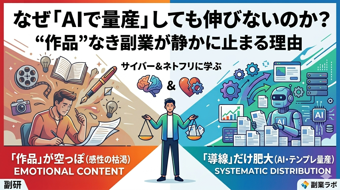 「なぜ『AIで量産』しても伸びないのか？」中身（作品）が空っぽのままAIやテンプレで導線だけを量産して摩耗していく構造の図解