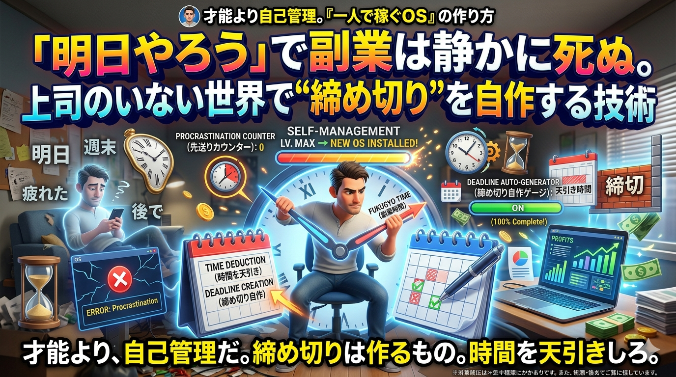 散らかった部屋の誘惑を振り払い、巨大な時計を力ずくで操って「副業時間」を作り出す男性を描いたゲーム風の3Dイラスト。画面上部には「『明日やろう』で副業は静かに死ぬ。上司のいない世界で“締め切り”を自作する技術」という強いタイトル文字があり、自己管理OSのアップデート完了や収益アップを示すステータスUIが配置されている。