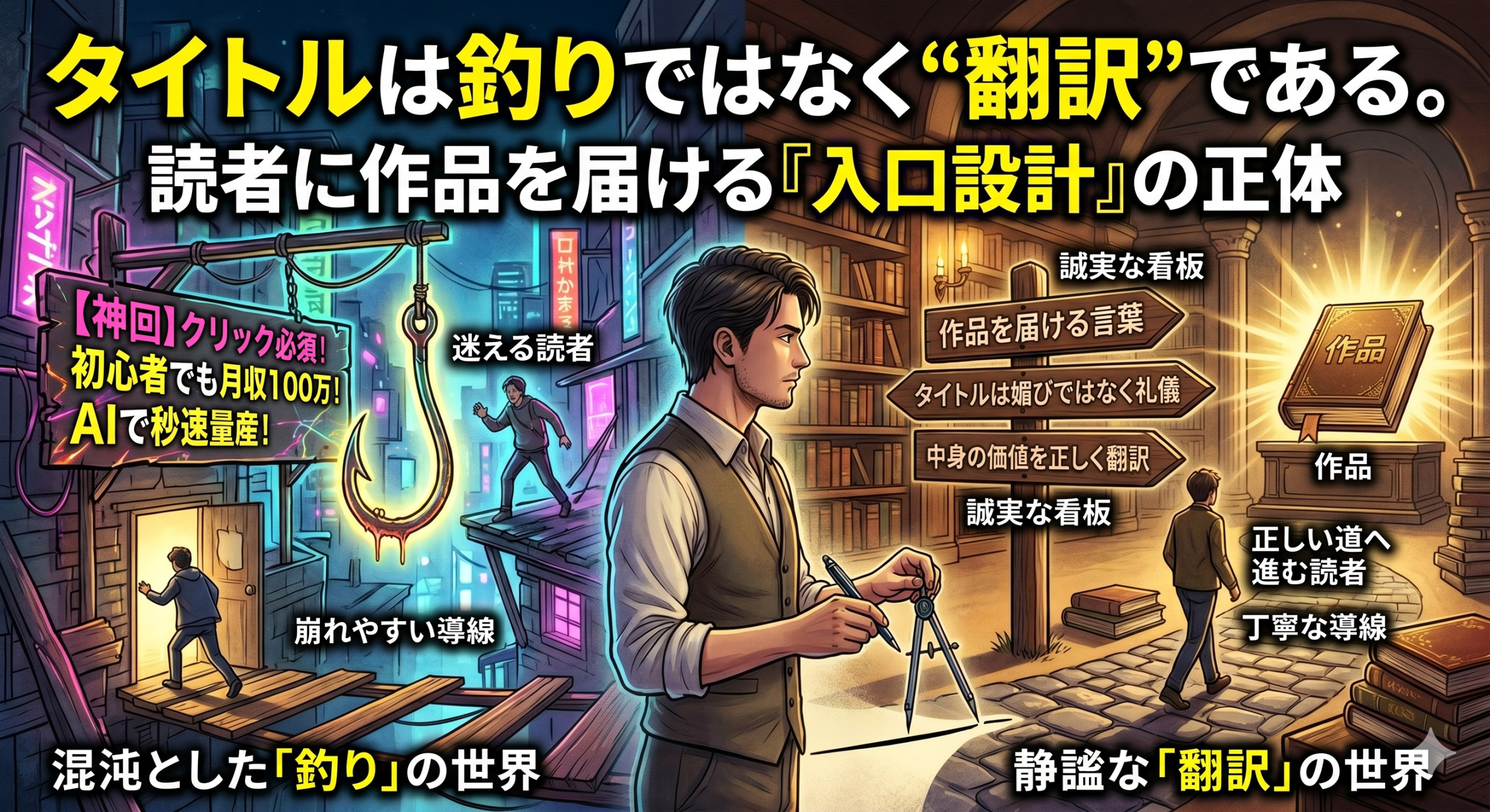 ノートPCで記事タイトルを考える人物の周囲に、検索窓、見出し案、翻訳メモ、入口矢印が配置され、タイトルは釣りではなく作品を届ける翻訳だと表現したサムネイル