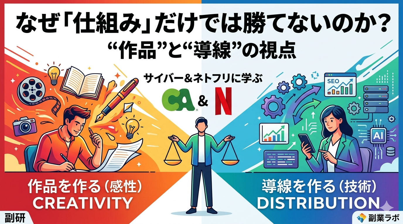 「なぜ『仕組み』だけでは勝てないのか？」副業における作品作り（感性）と導線作り（技術）の重要性を対比させた図解