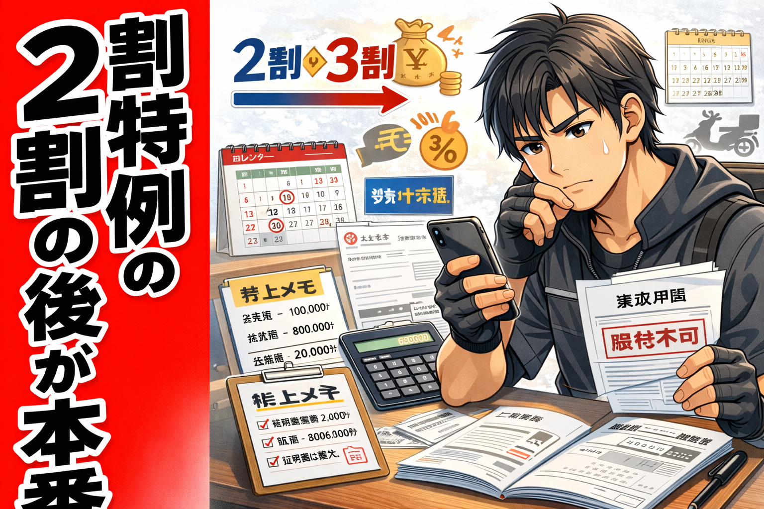 インボイス制度の資料と売上メモを見ながら消費税申告を考える配達員のイメージ