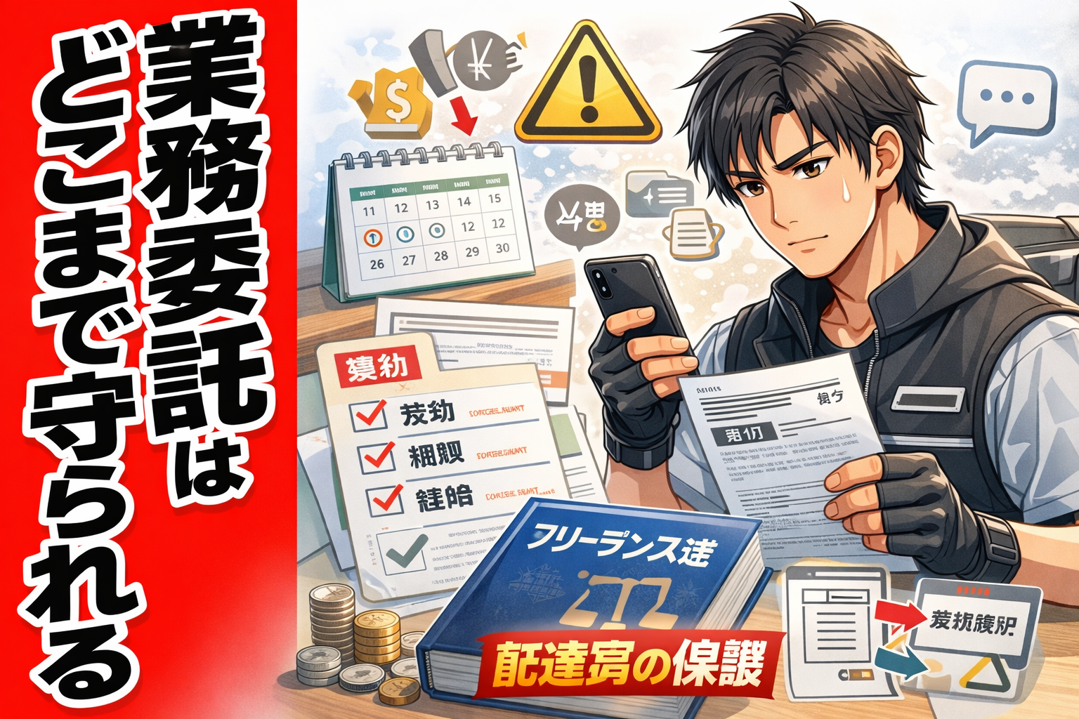 契約条件と報酬ルールをスマホで確認する配達員のイメージ