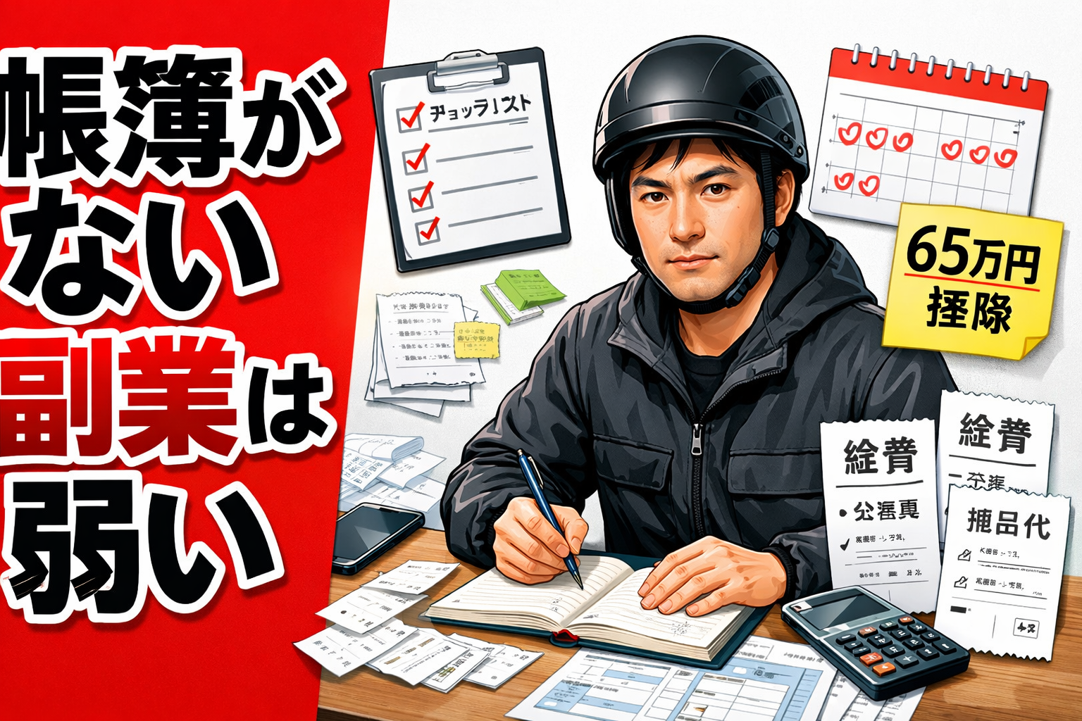 帳簿ノートと領収書、スマホを前に青色申告の準備をする配達員のイメージ