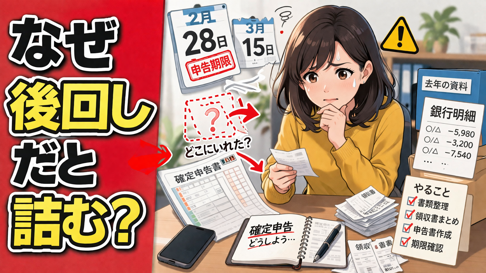 確定申告の書類やレシートを前にして、準備不足に気づいて考え込む女性を描いたポップアニメ風サムネイル