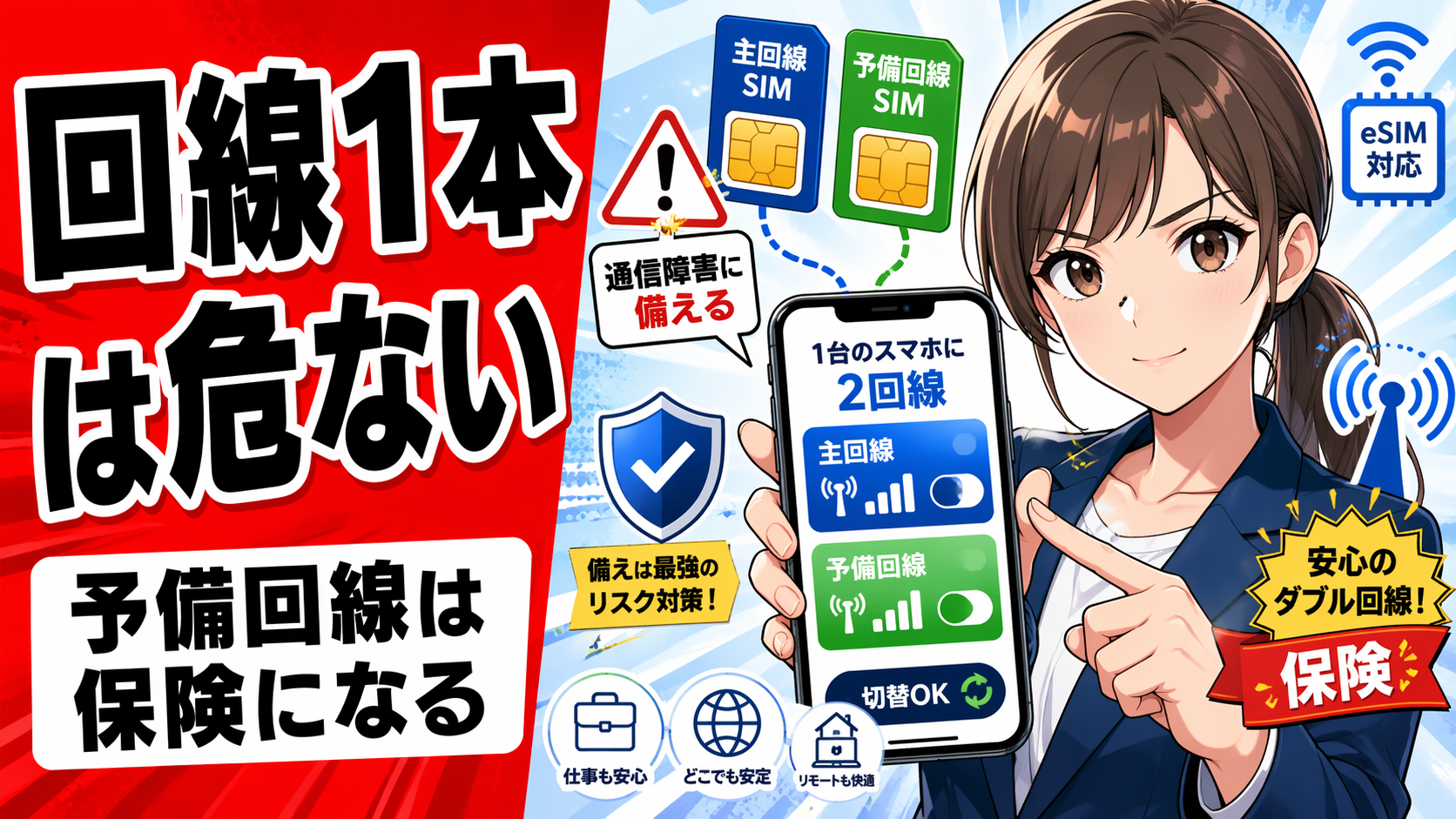 副業用スマホに主回線と予備回線を備える重要性を表現した、SIMカードと電波アイコン入りのポップアニメ風サムネイル