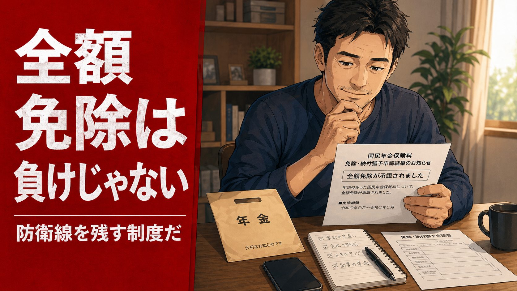 年金の封筒と申請書を前に、全額免除の制度を調べる40代男性のイメージ