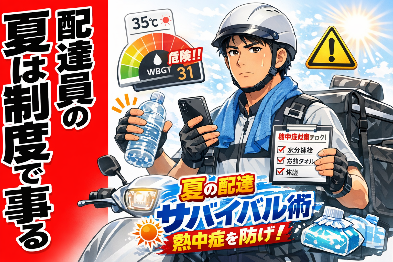 猛暑の中で原付とスマホを前に熱中症対策を考える配達員のイメージ