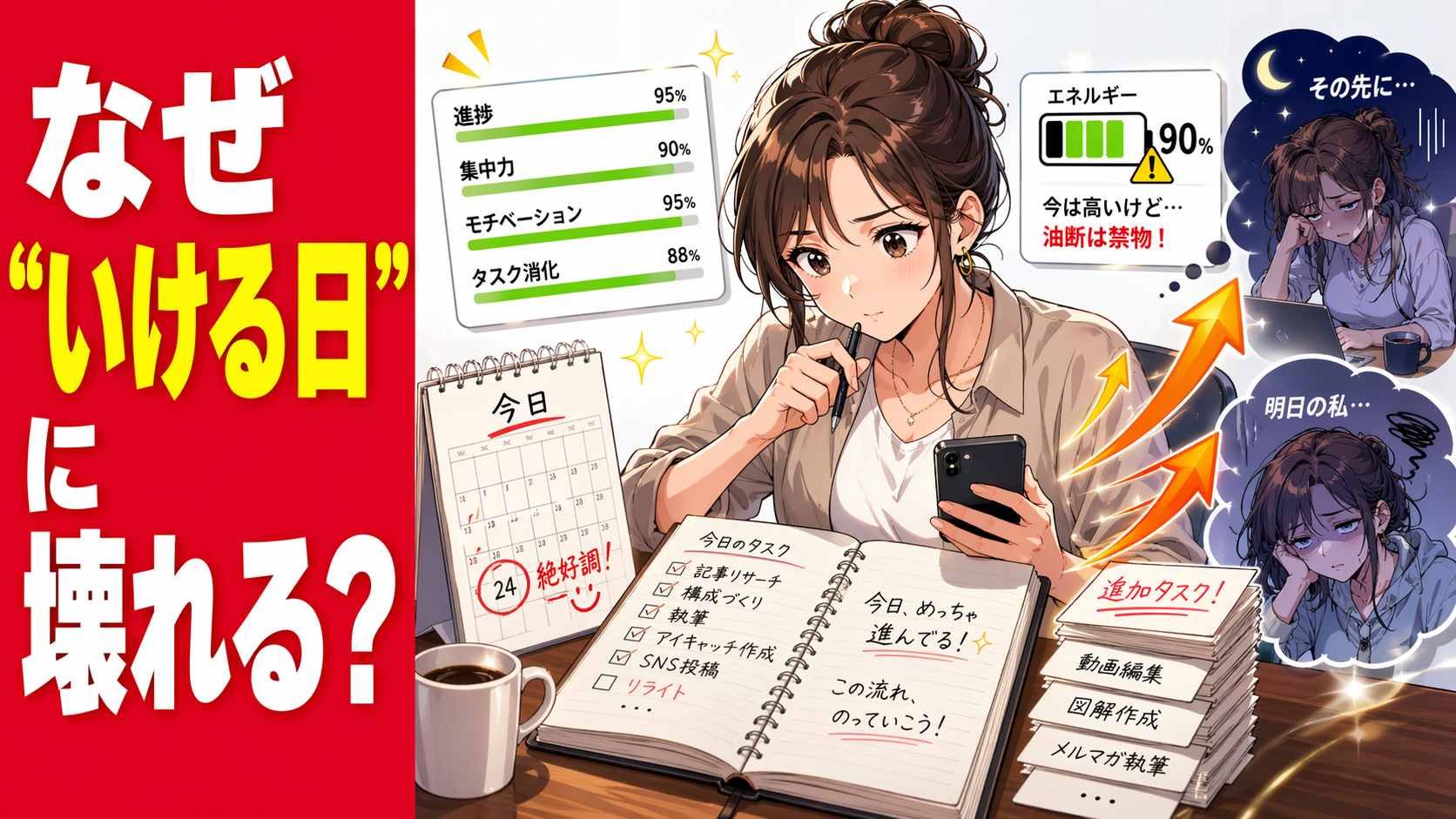副業の予定とタスクが順調に進んでいる日に、さらに詰め込むか迷いながら考え込む女性を描いたポップアニメ風サムネイル