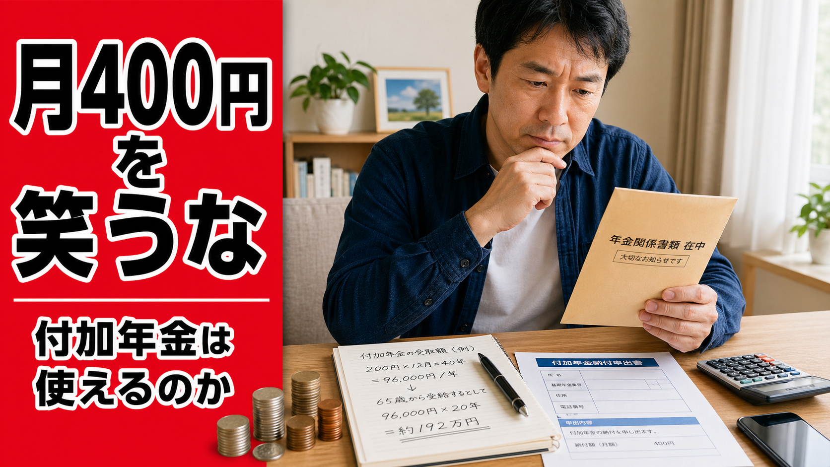 年金の封筒やメモを前に、付加年金の損得を考える40代男性のイメージ