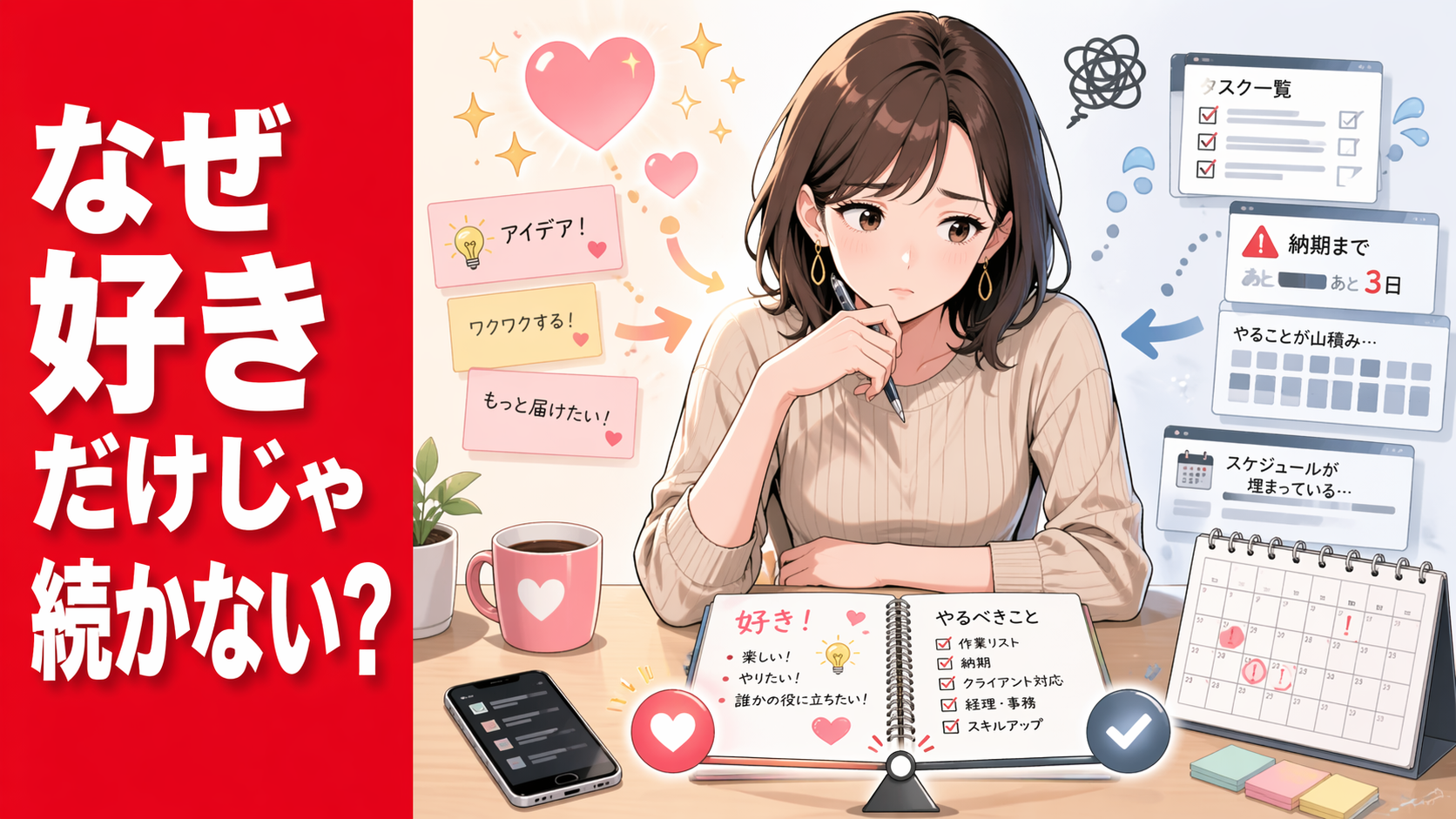 副業に対する好きな気持ちと義務感のあいだで揺れながら、ノートを前に続け方を考えている女性を描いたポップアニメ風サムネイル