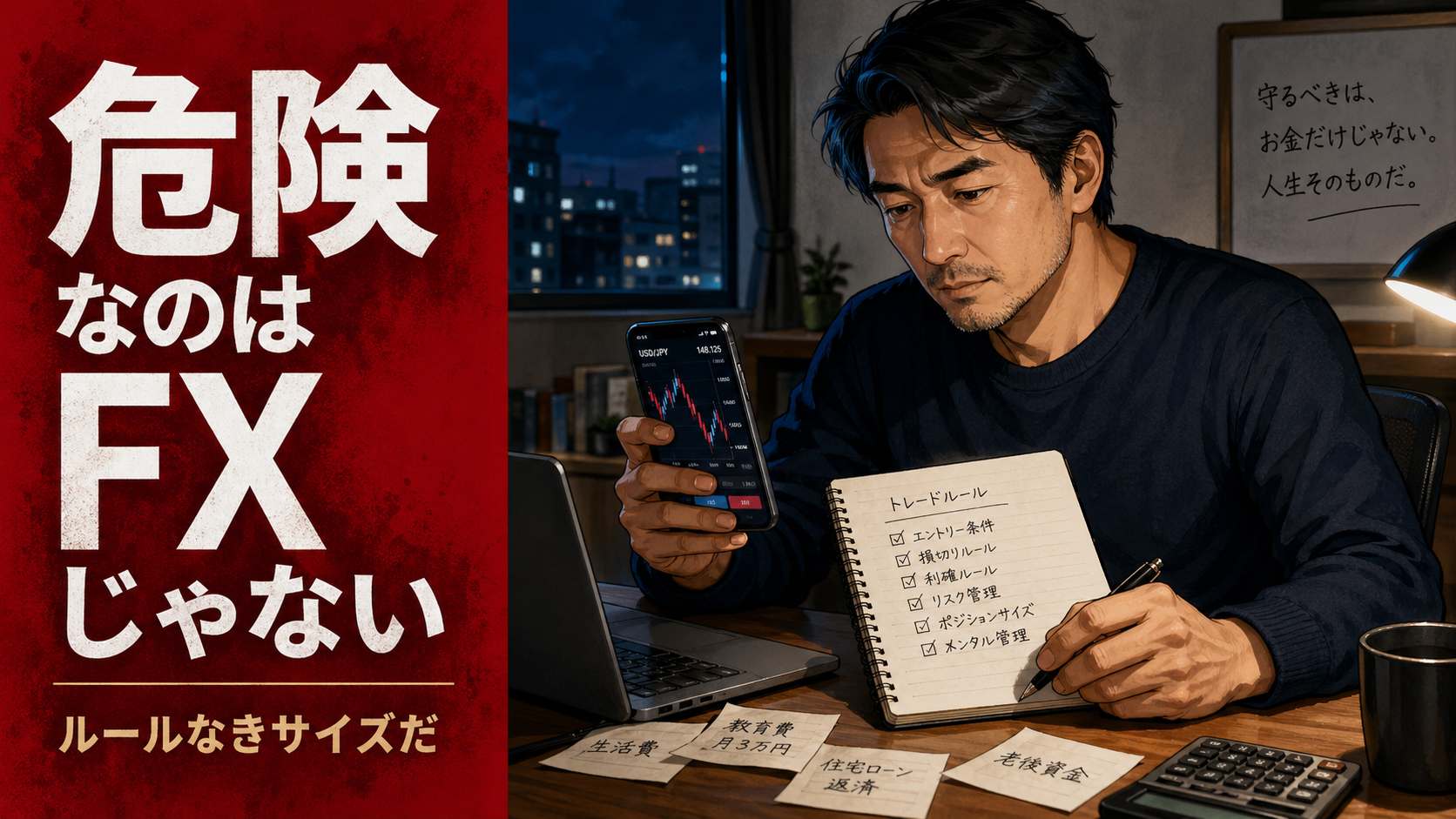 為替の画面とメモを見ながら、FXのリスク管理について考える40代男性のイメージ