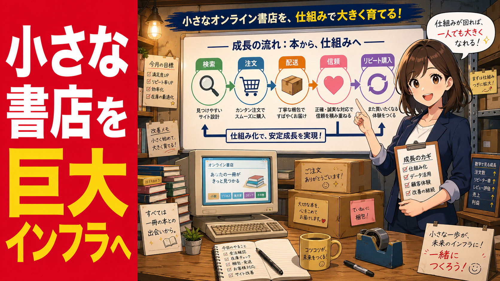 小さなオンライン書店が、注文・配送・信用の仕組みを育てて巨大インフラへ広がる様子を表現したポップアニメ調サムネイル